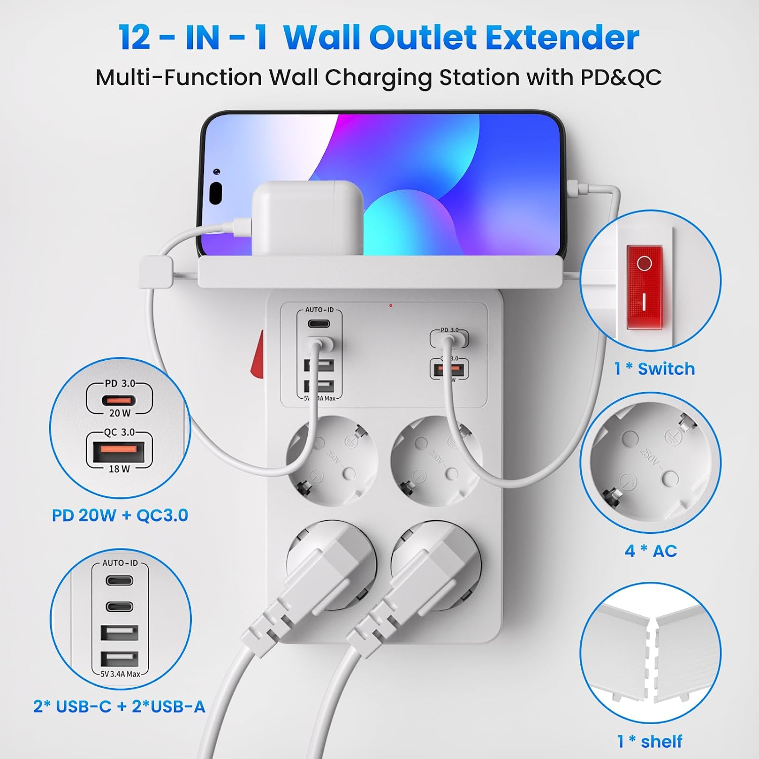 Detalle 2 de PD20W Multipresa 4 prese 6 USB con ripiano