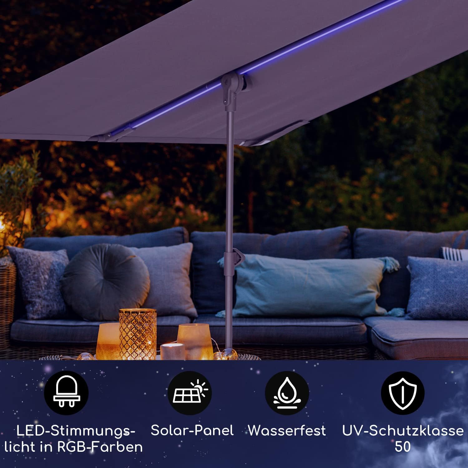 Detalle de Blumfeldt GDW8-FlexShadeLED-LT Garden Parasol with Solar Panels and RGB LEDs