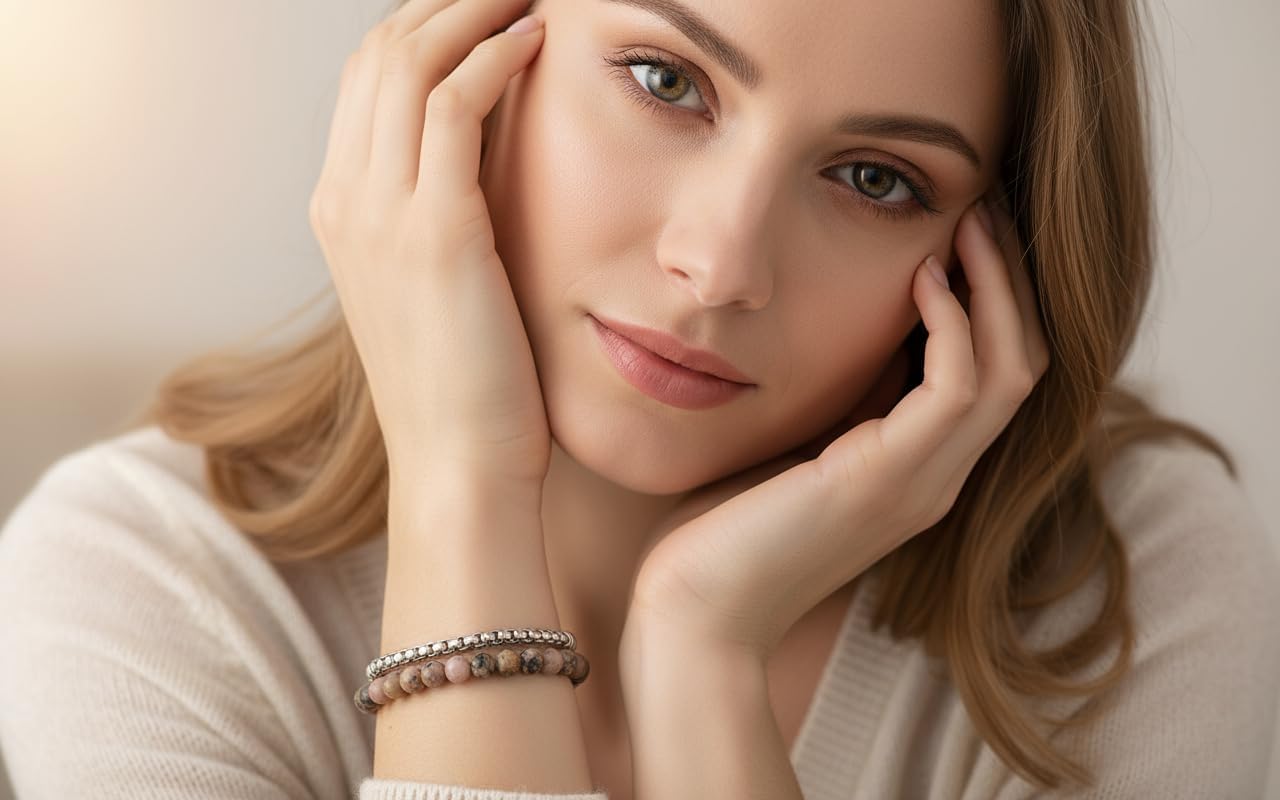 Detalle de Bracciale Unisex 10:10 con Pietre Naturali 6 mm e Catena Veneziana in Acciaio Inox – Made in Italy
