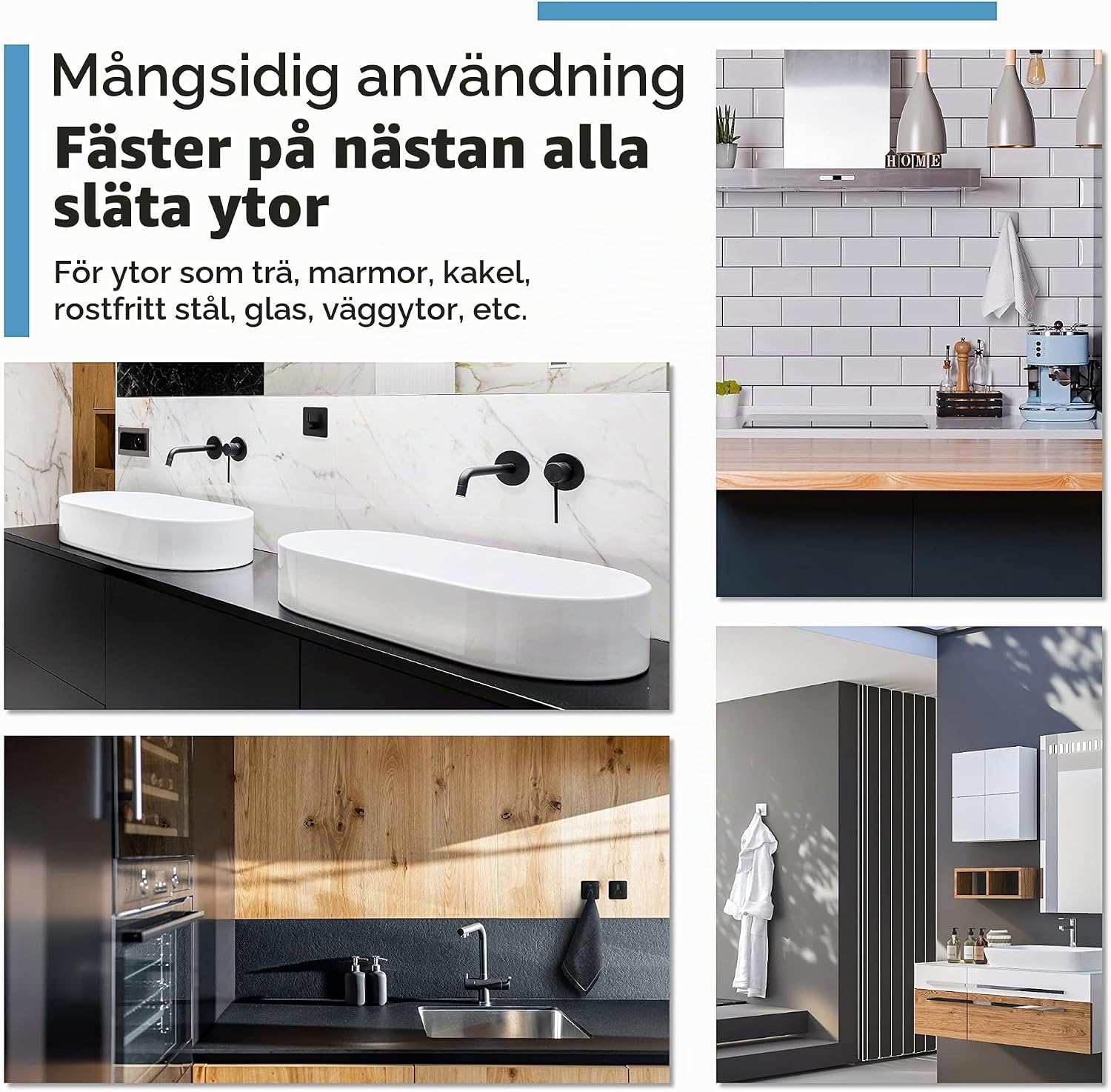 Thumbnail 5 de virea självhäftande väggkrokar, 4-pack i svart rostfritt stål, upp till 8 kg per krok