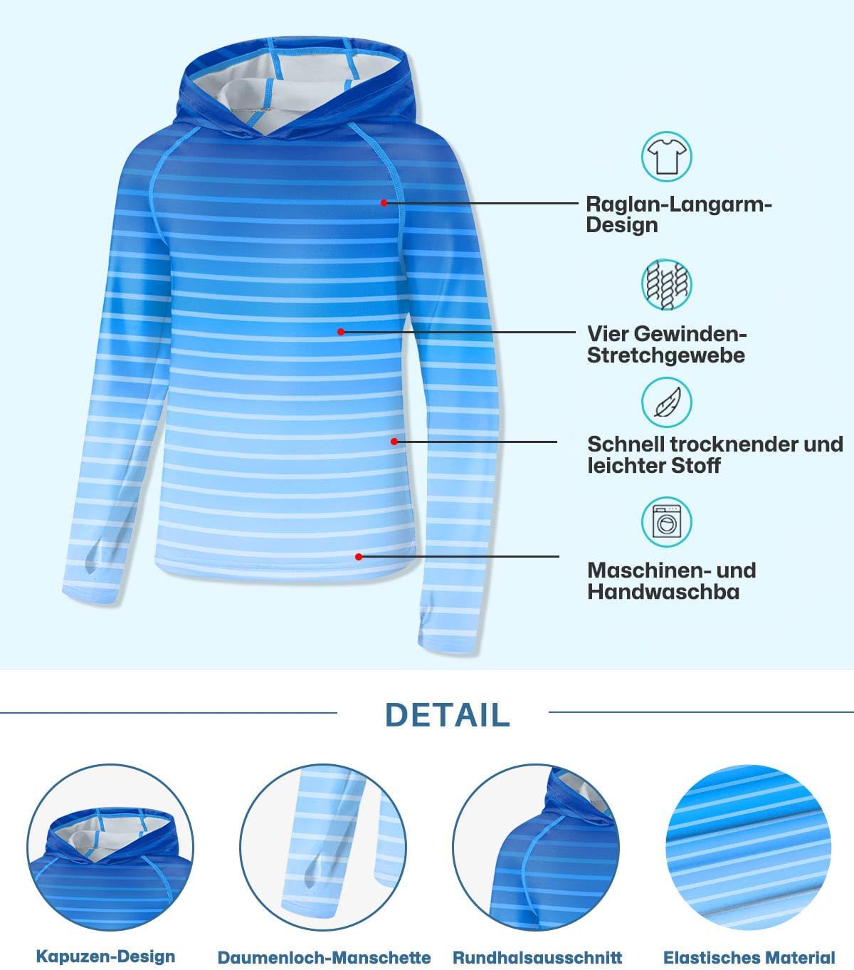 Thumbnail 6 de BesserBay Unisex Kinder UV Shirt Langarm mit Kapuze – UPF50+ Rashguard (120–160)