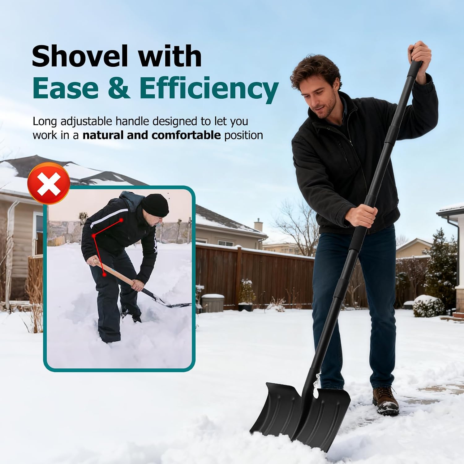 Detalle de Wormutong Heavy Duty Metal Snow Shovel, Adjustable Handle, 41 cm Steel Blade