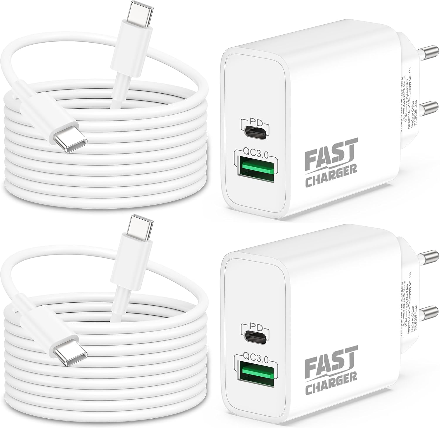 Detalle de 40W 2-Port USB‑C Ladegerät (PD/ QC) mit 2× 2‑Meter Kabel – 2‑Pack für iPhone & iPad