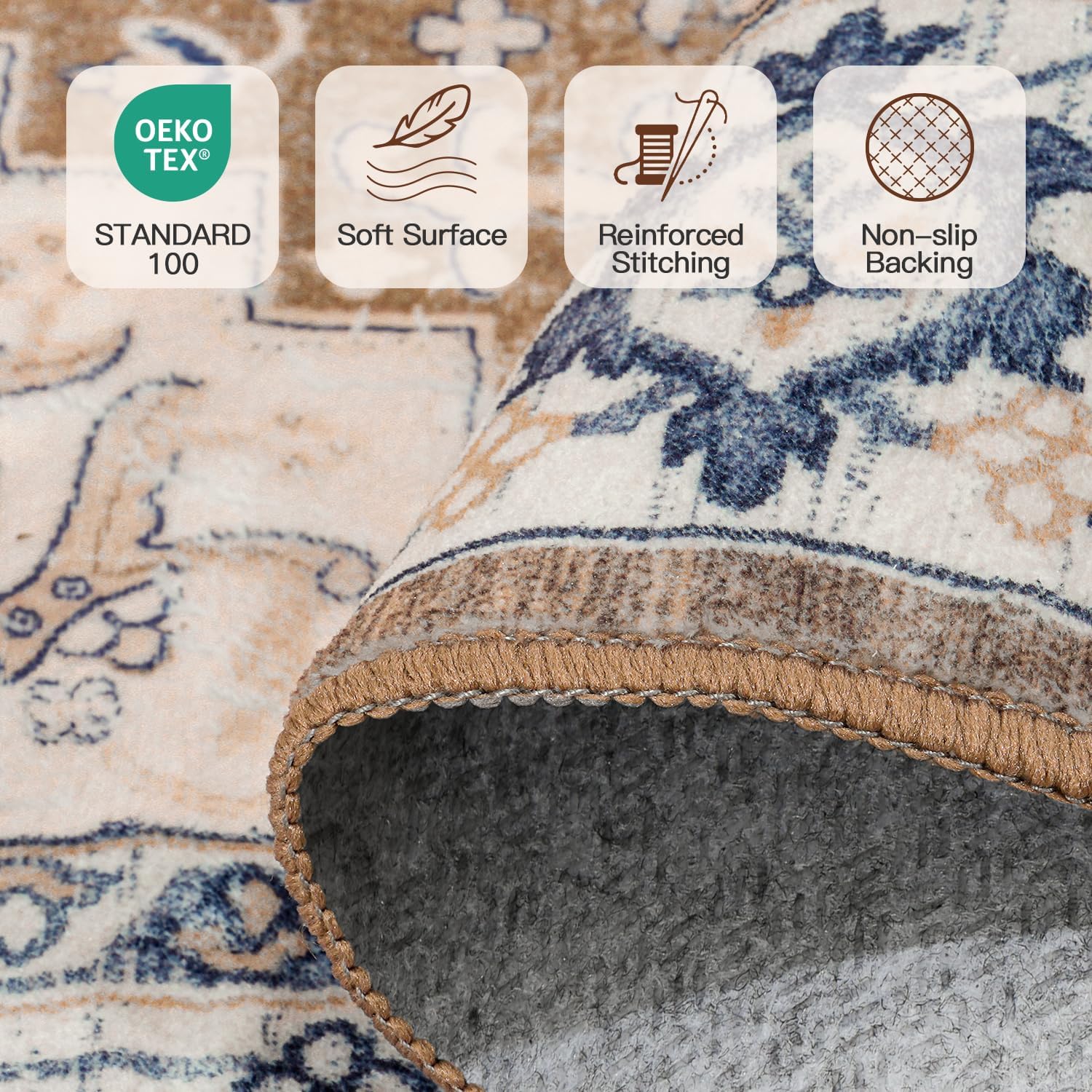 Detalle 2 de Lofus 8x10 Washable Vintage Boho Area Rug (Low Pile, Non-Slip) — Floral Brown