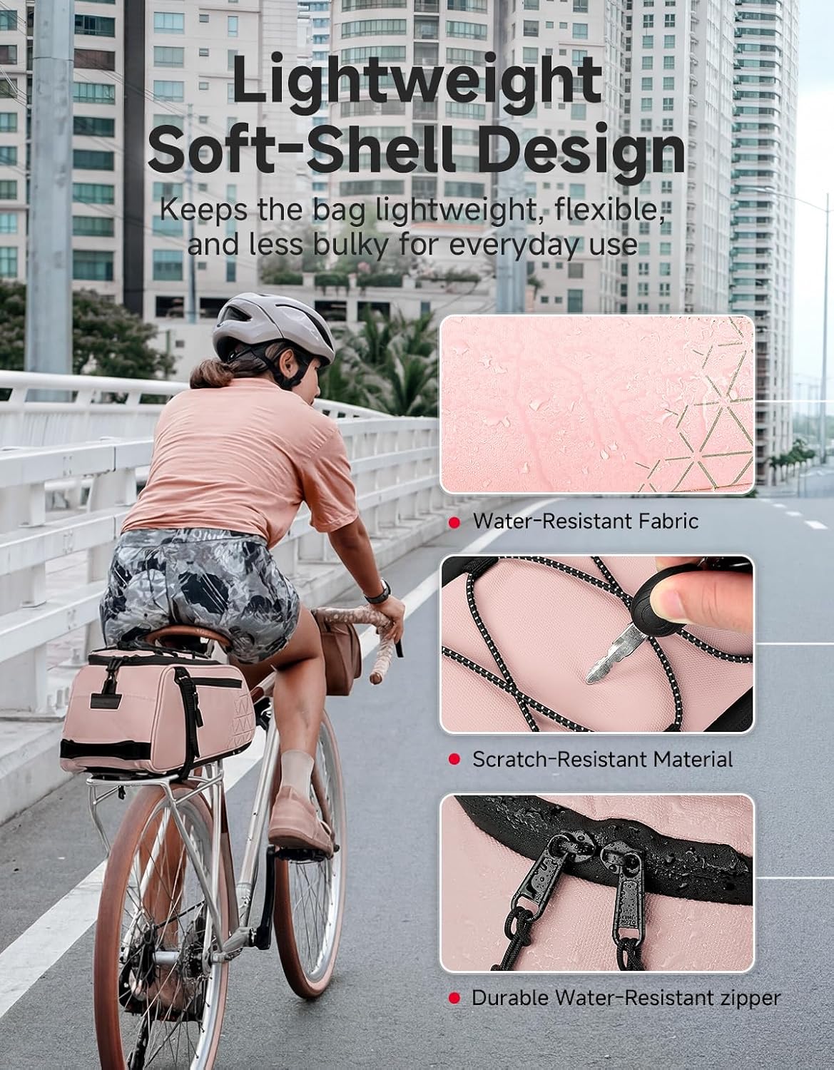 Detalle de KEMIMOTO 8L Rear Bike Rack Bag with Water-Resistant PVC and Reflective Strips
