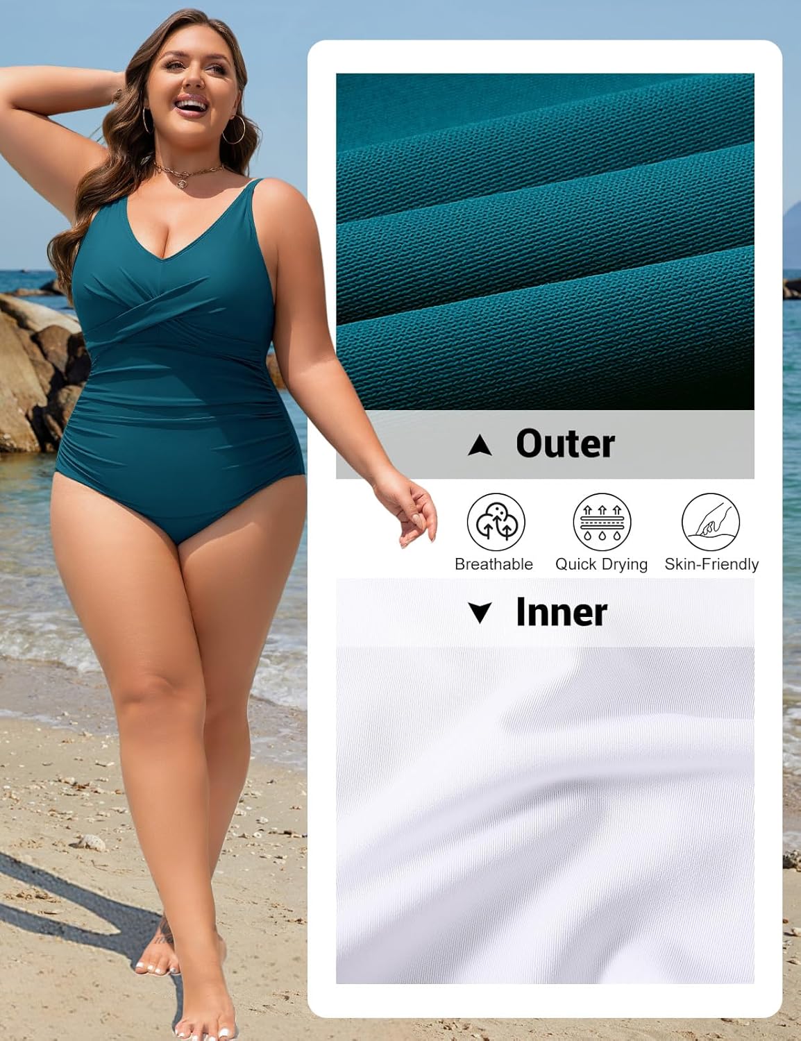Detalle de UMIPUBO Maillot de Bain Femme 1 Pièces Gainant Grande Taille - Ventre Plat, Col en V, Push Up, Tissu Rembourré, L-4XL