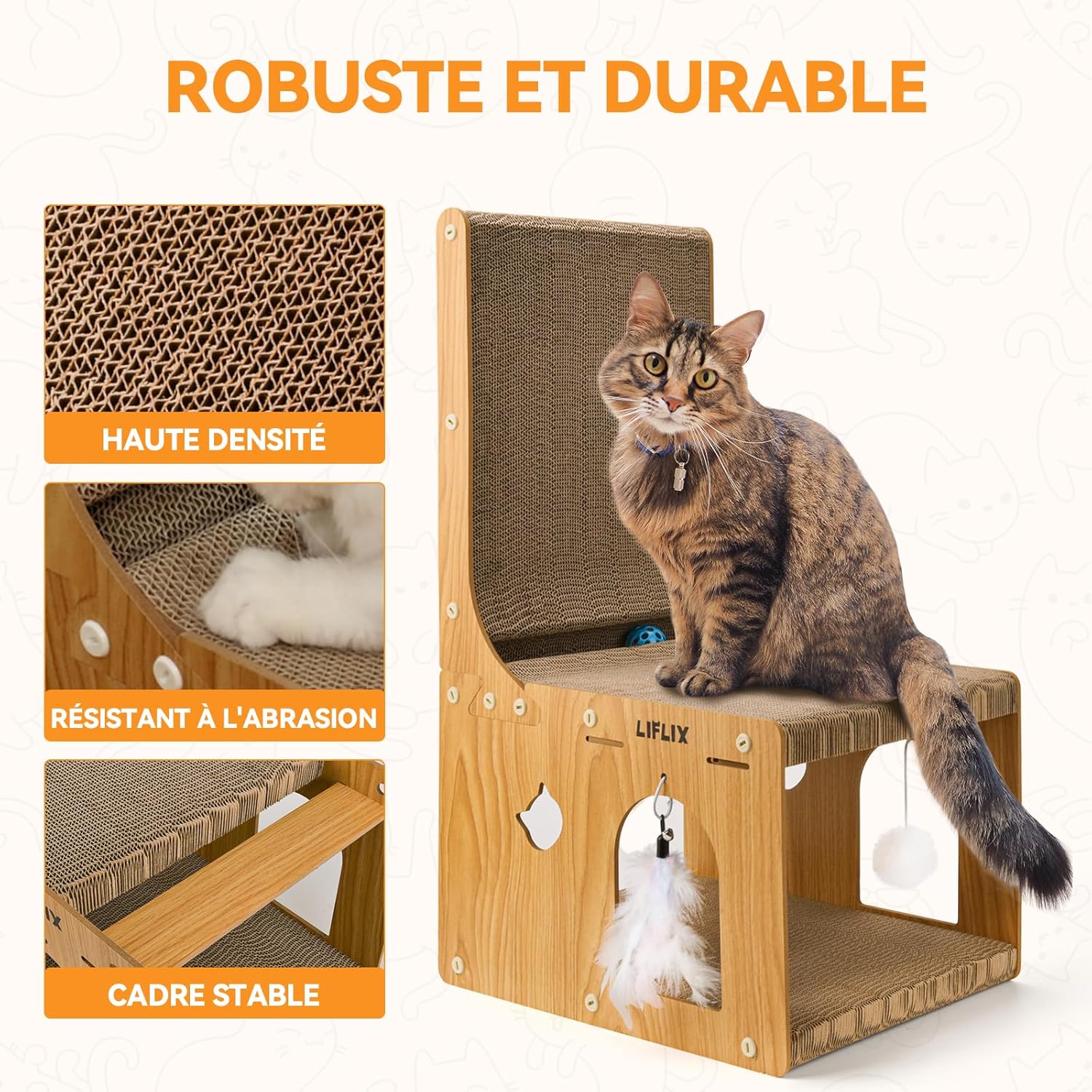 Detalle de LIFLIX Griffoir en L à Double Épaisseur – Poteau à griffer, cachette et jouets pour chats