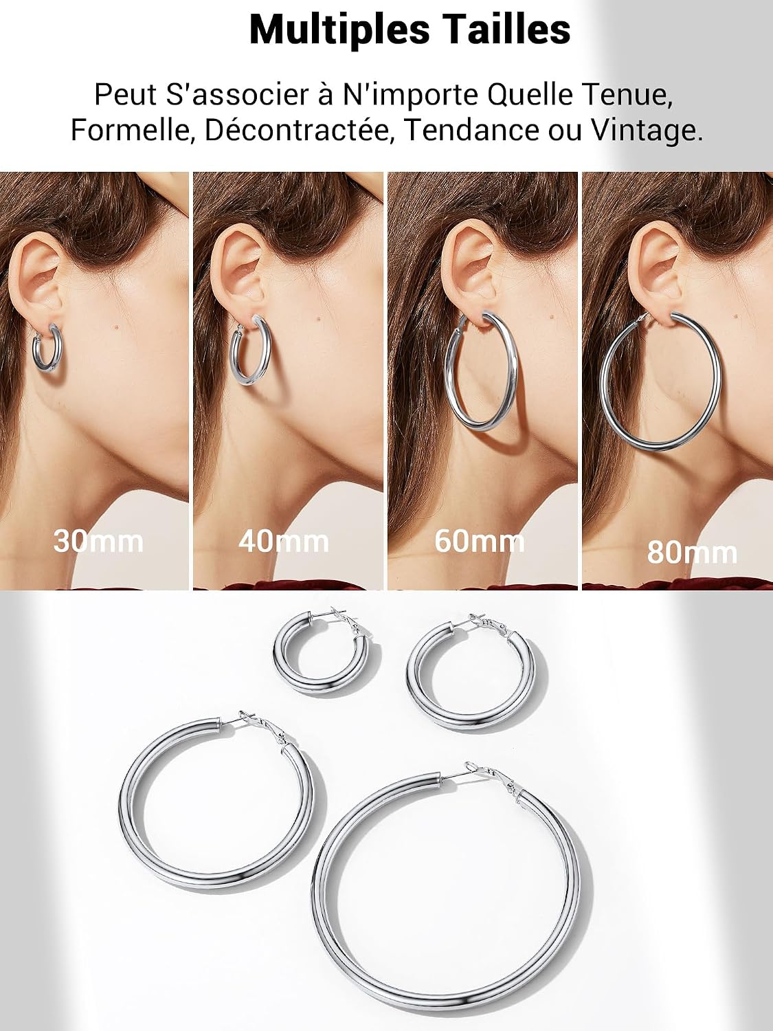 Detalle de PROSTEEL Boucles d’oreilles créoles femme style 90s, acier inoxydable (20/30/40/60/80 mm) épaisses