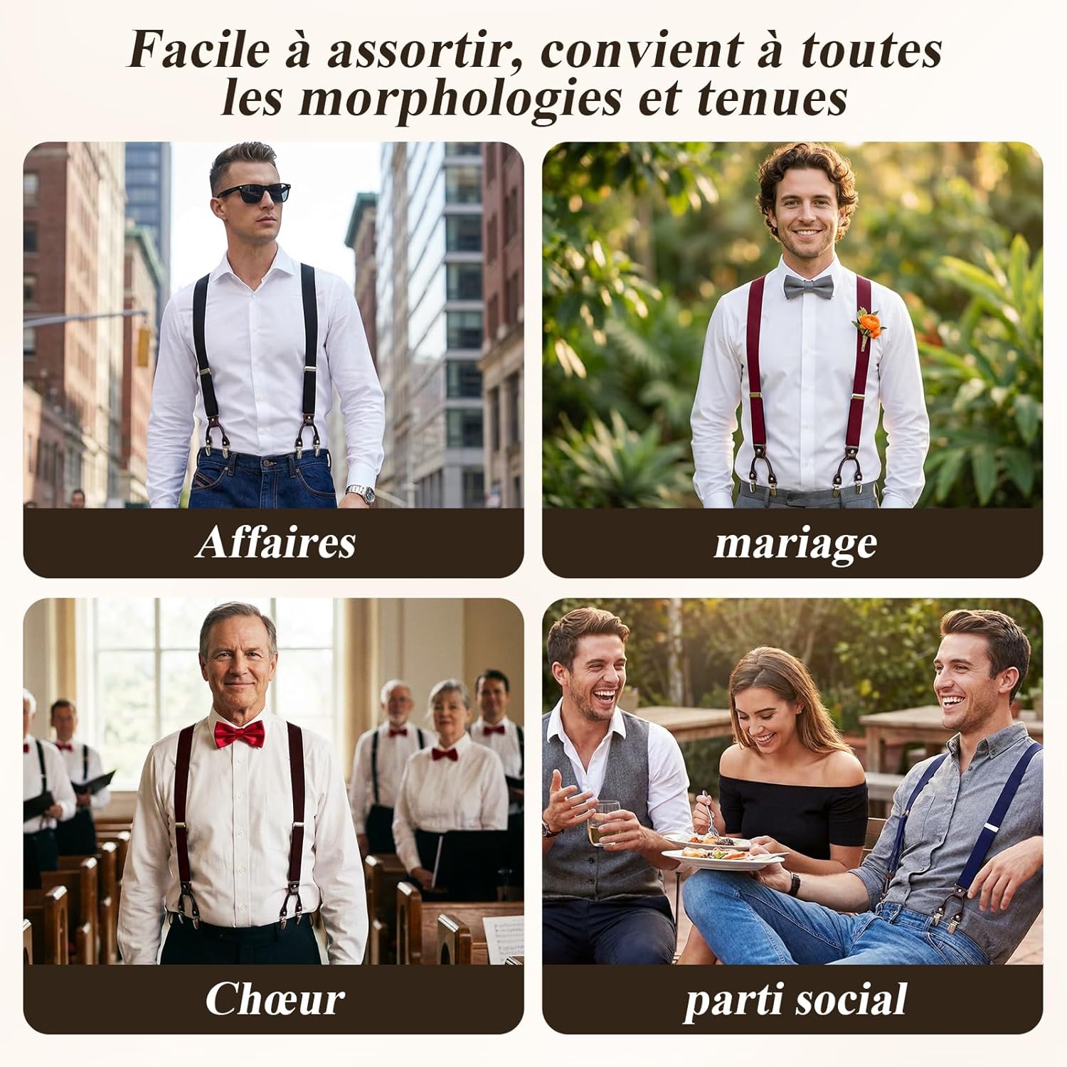 Thumbnail 5 de KANGDAI Bretelles homme larges à 6 clips métal et patch cuir, ajustables et élastiques