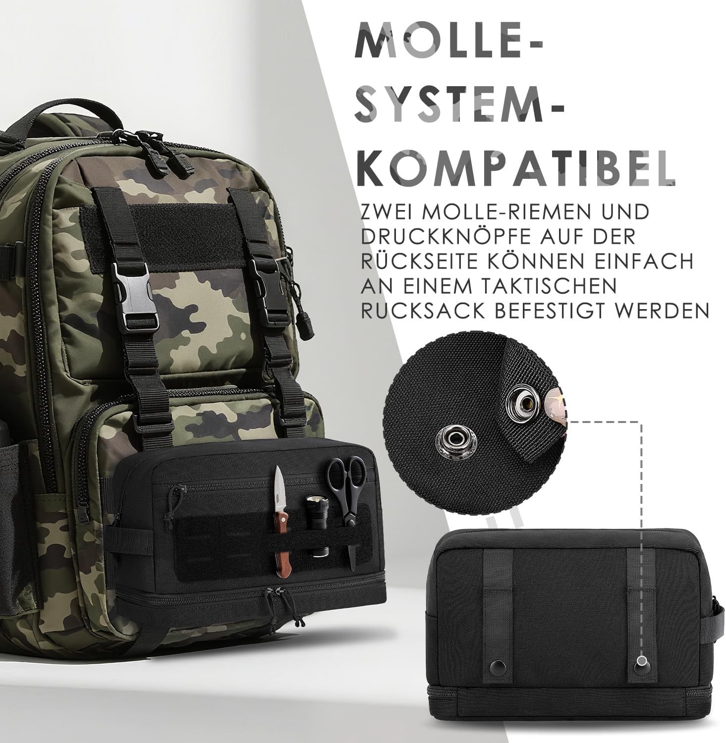 Detalle de ETRONIK Taktischer Kulturbeutel mit MOLLE-System – wasserdichte, großzügige Kulturtasche für Damen & Herren