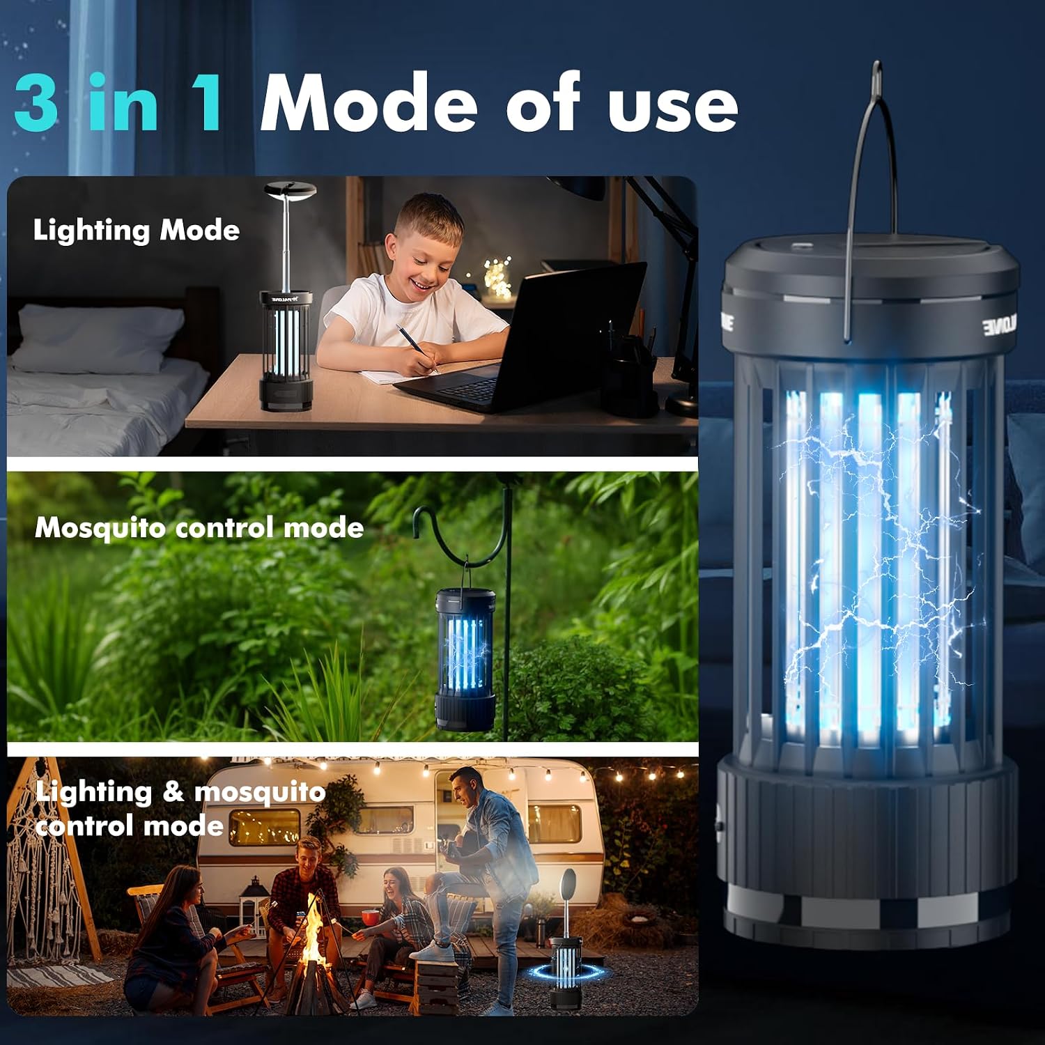 Thumbnail 5 de Rechargeable Bug Zapper: 4000mAh USB Electric Fly Killer with 3-in-1 UV Mosquito Trap & LED Camping Lantern