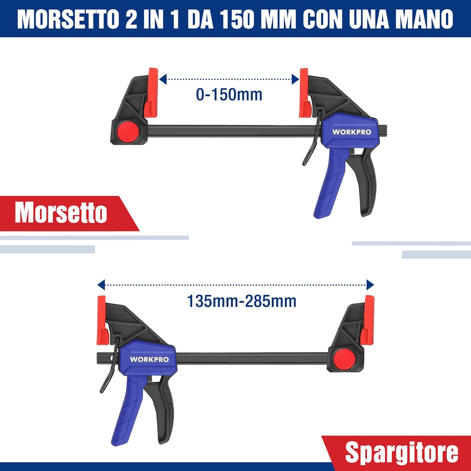 Detalle de WORKPRO set di 2 morsetti da falegname a sgancio rapido, barra fino a 150 mm e portata fino a 68 kg