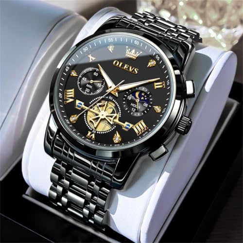 Detalle de OLEVS Armbanduhr Herren – Klassisch Schwarz Edelstahl 42 mm, Multifunktionsuhr, 3 Bar Wasserdicht