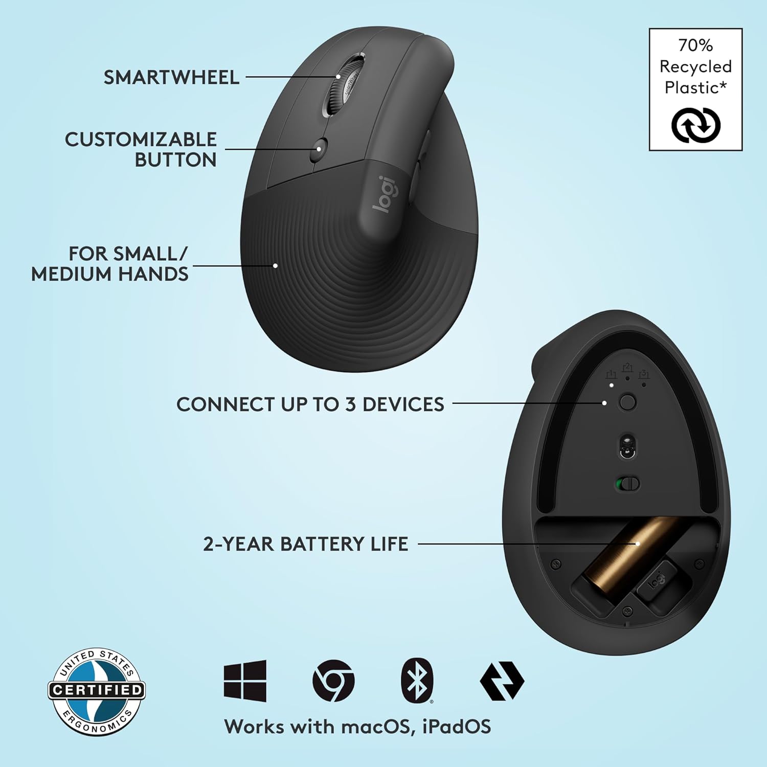 Thumbnail 6 de Logitech Lift Left Vertical Ergonomic Mouse (Left-handed) – Wireless Bluetooth or Logi Bolt, Graphite
