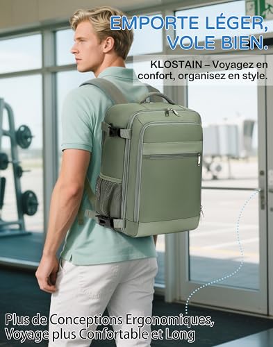 Detalle de KLOSTAIN Sac à Dos Voyage Cabine Avion 45x36x20 cm – 30 L, 15.6 pouces, Vert