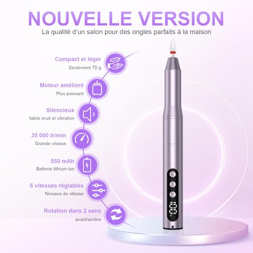 Detalle 2 de POFIBO Ponceuse à ongles sans fil 12-en-1, 35 000 tr/min et écran LCD