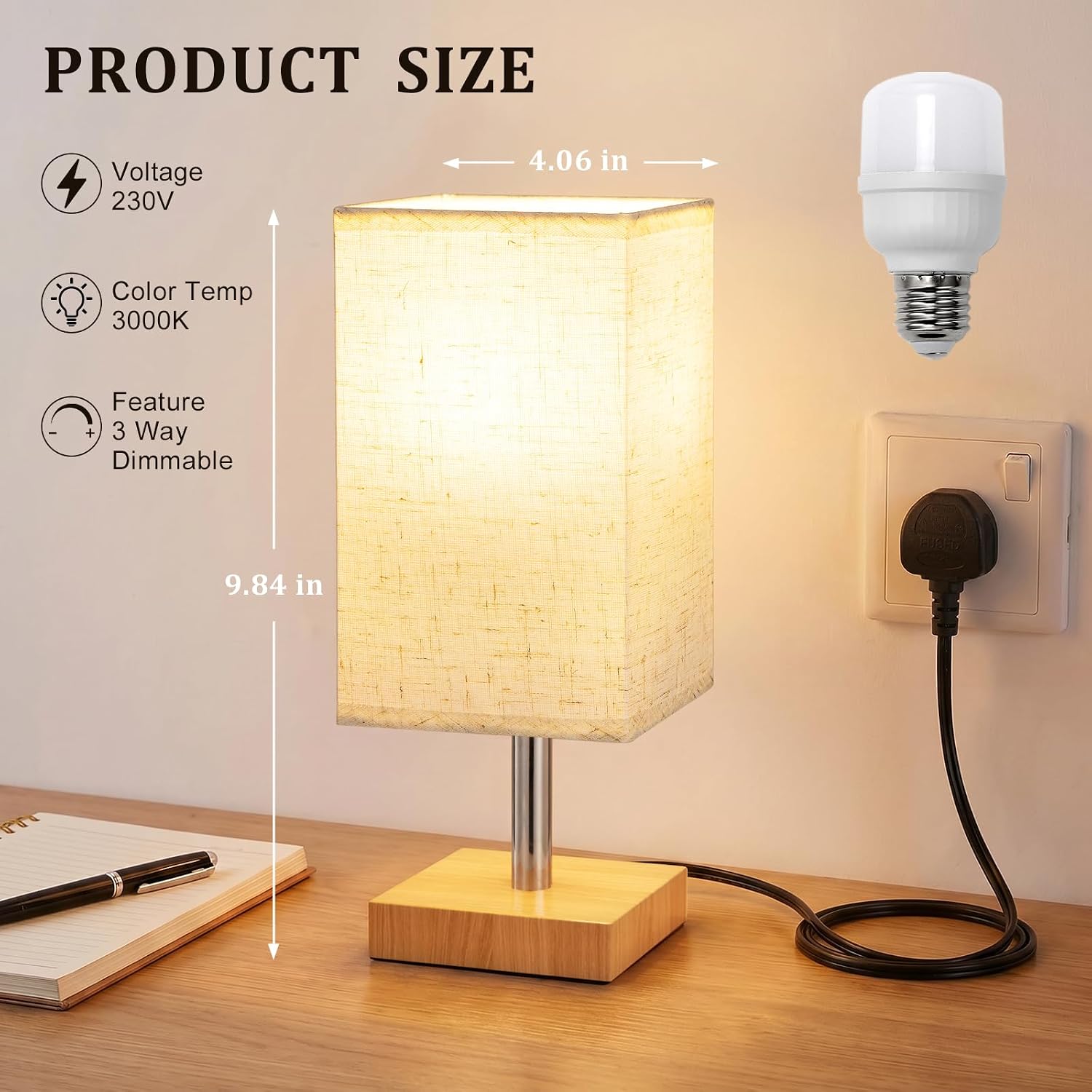 Detalle de PreeOtti Bedside Lamps – Small Linen Touch Lamp with 3‑Step Dimming (UK Plug)