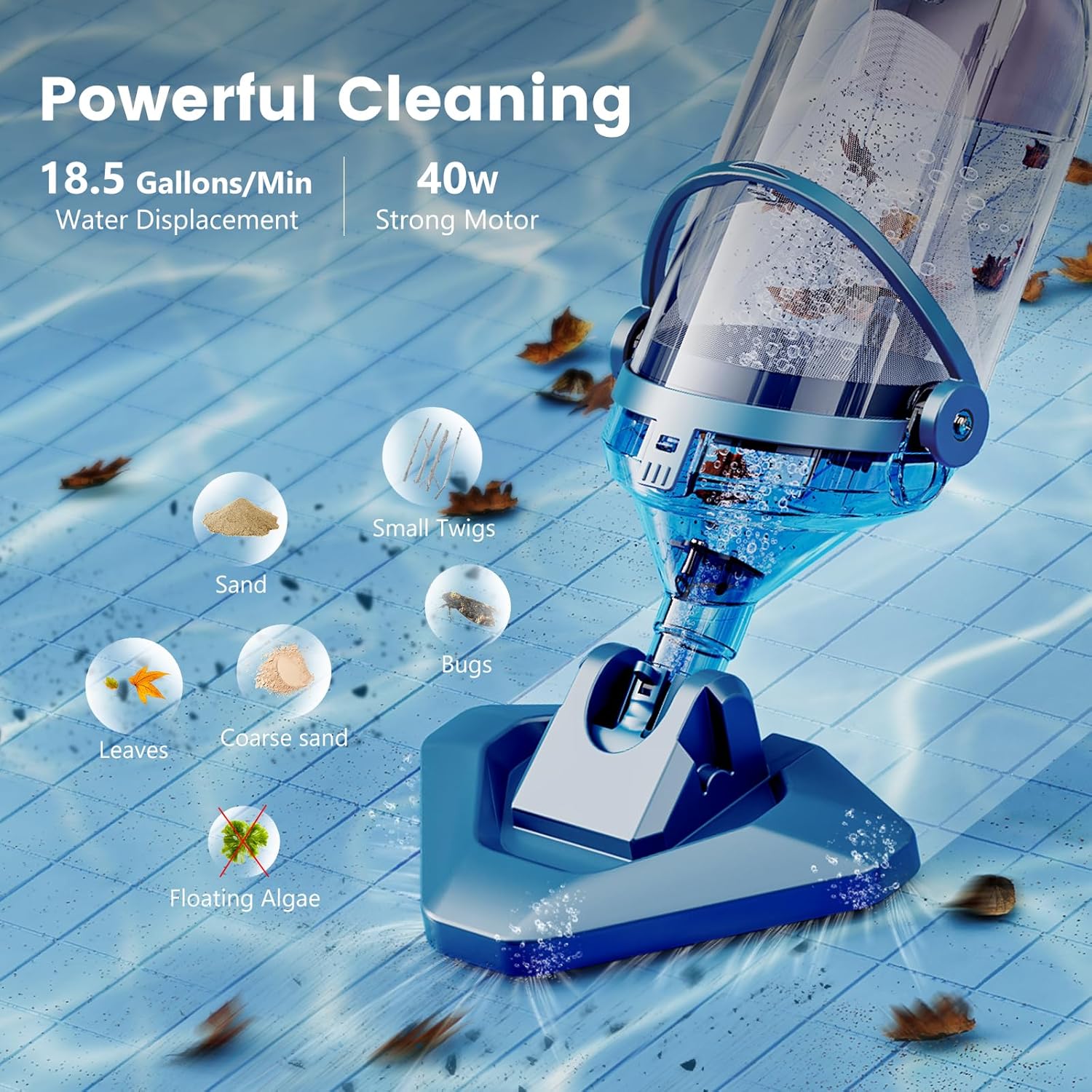 Thumbnail 1 de Enhulk Aspirateur de Piscine sans Fil — Liberté de nettoyage jusqu’à 60 minutes, tête interchangeable et perche télescopique 222 cm
