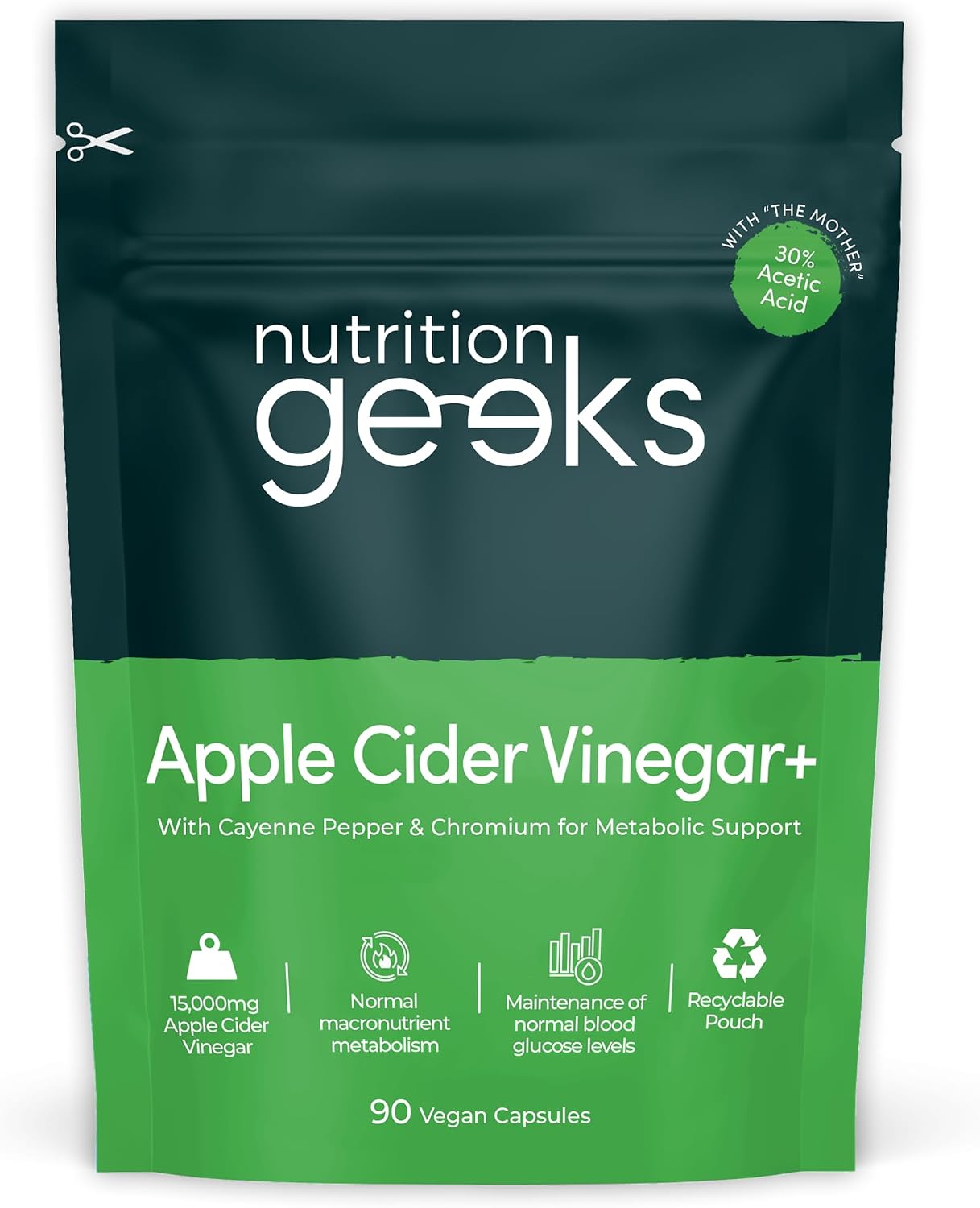 Detalle de Nutrition Geeks Apple Cider Vinegar Capsules 15,000mg with Mother & 30% Acetic Acid (90 Vegetarian Capsules) – Teeth Friendly, UK Made