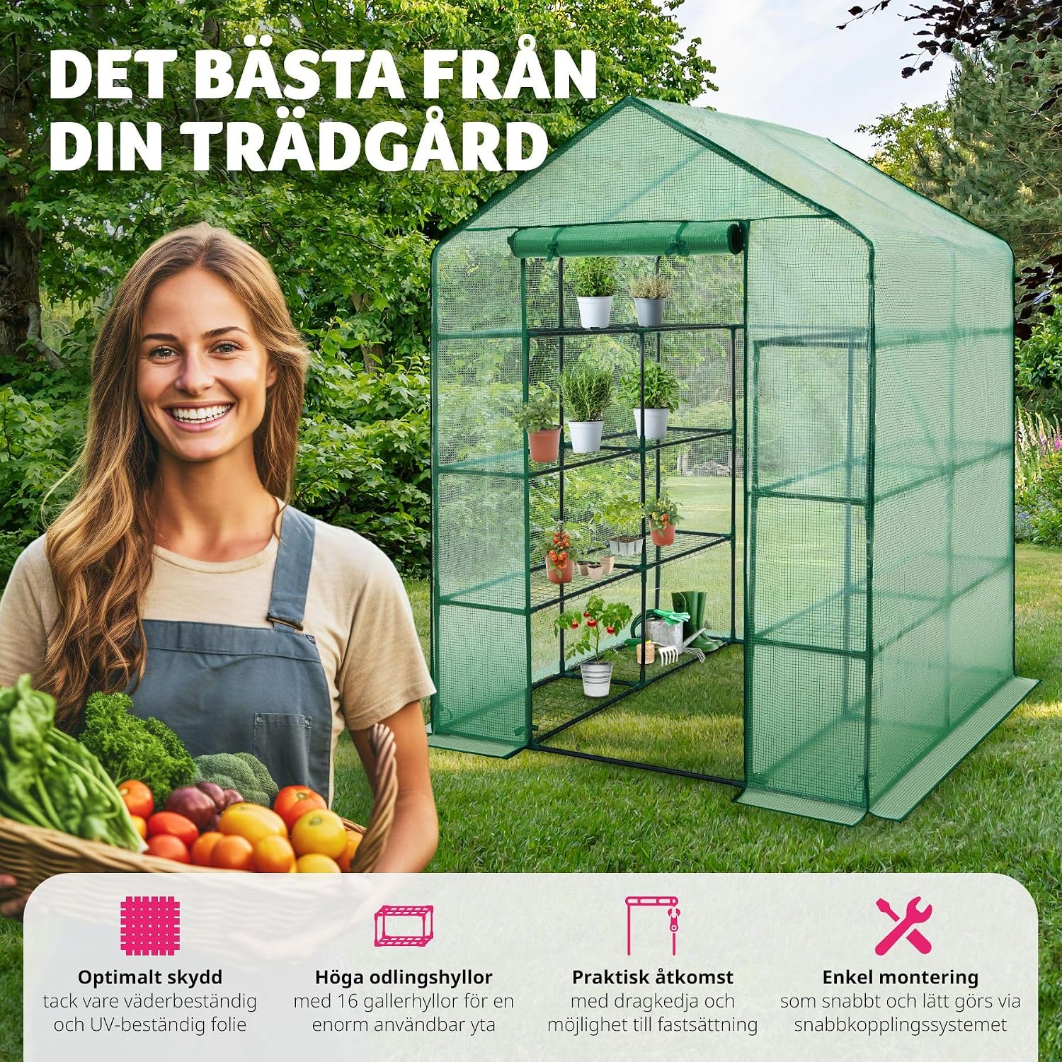Detalle de tectake 401860-SE växthus med stålram, 16 hyllplan och UV-stabiliserad folie