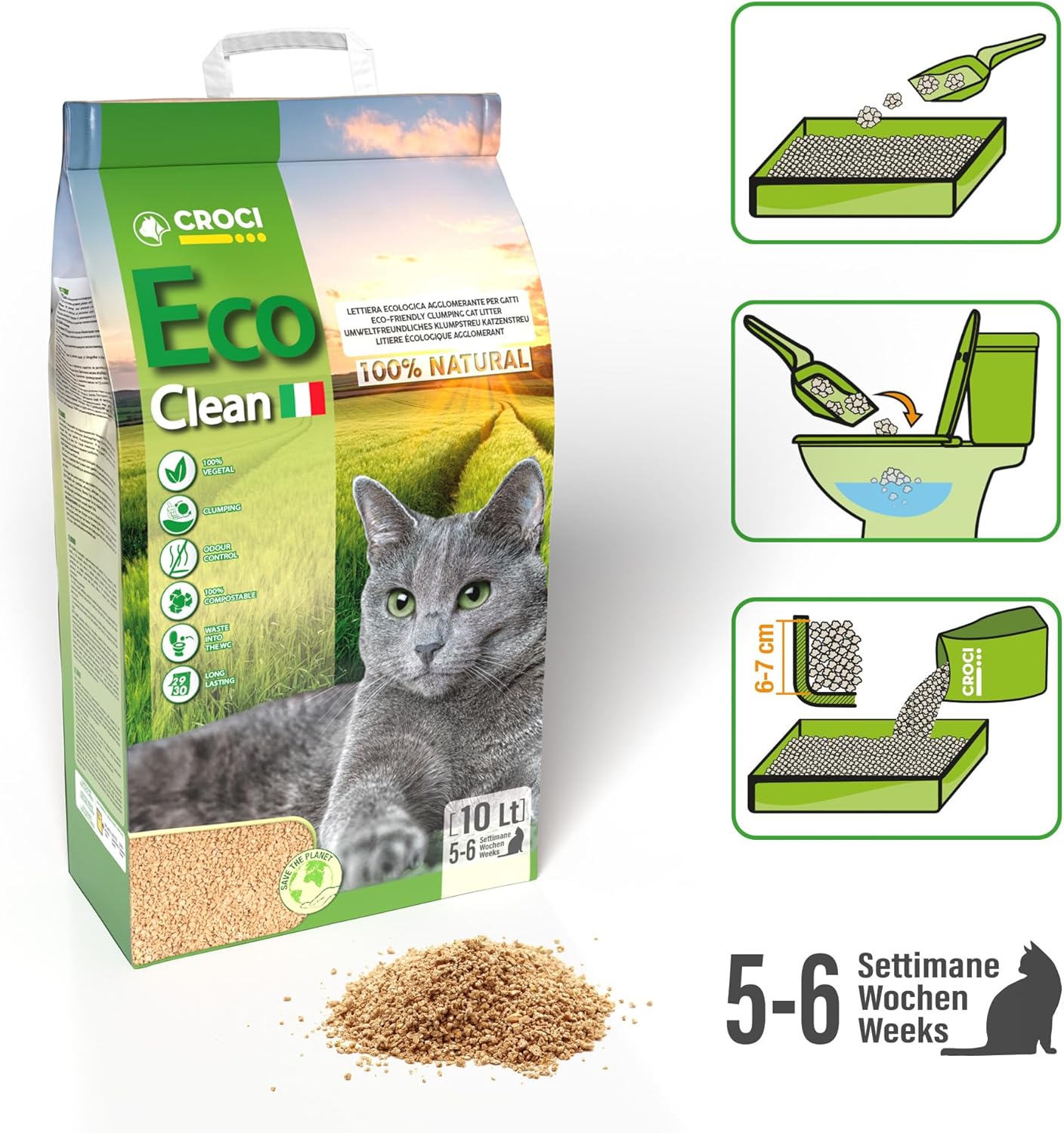 Detalle de Croci Eco Clean Litter 10 L – klumpende Katzenstreu, biologisch abbaubar und spült in der Toilette