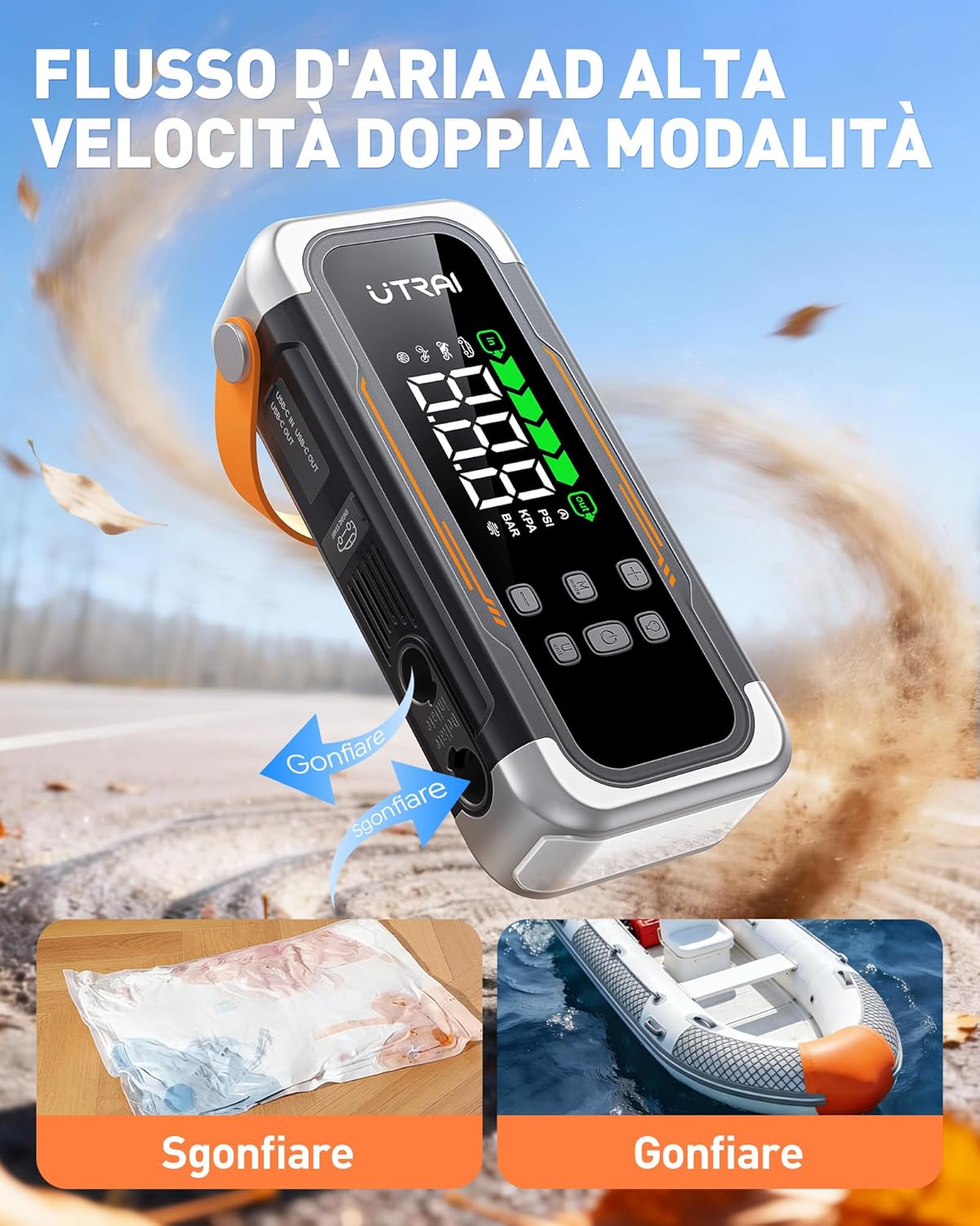 Detalle de UTRAI 7000A Booster Avviatore Auto con Compressore & Soffiatore d'aria, 12V, Power Bank PD30W e Torcia LED
