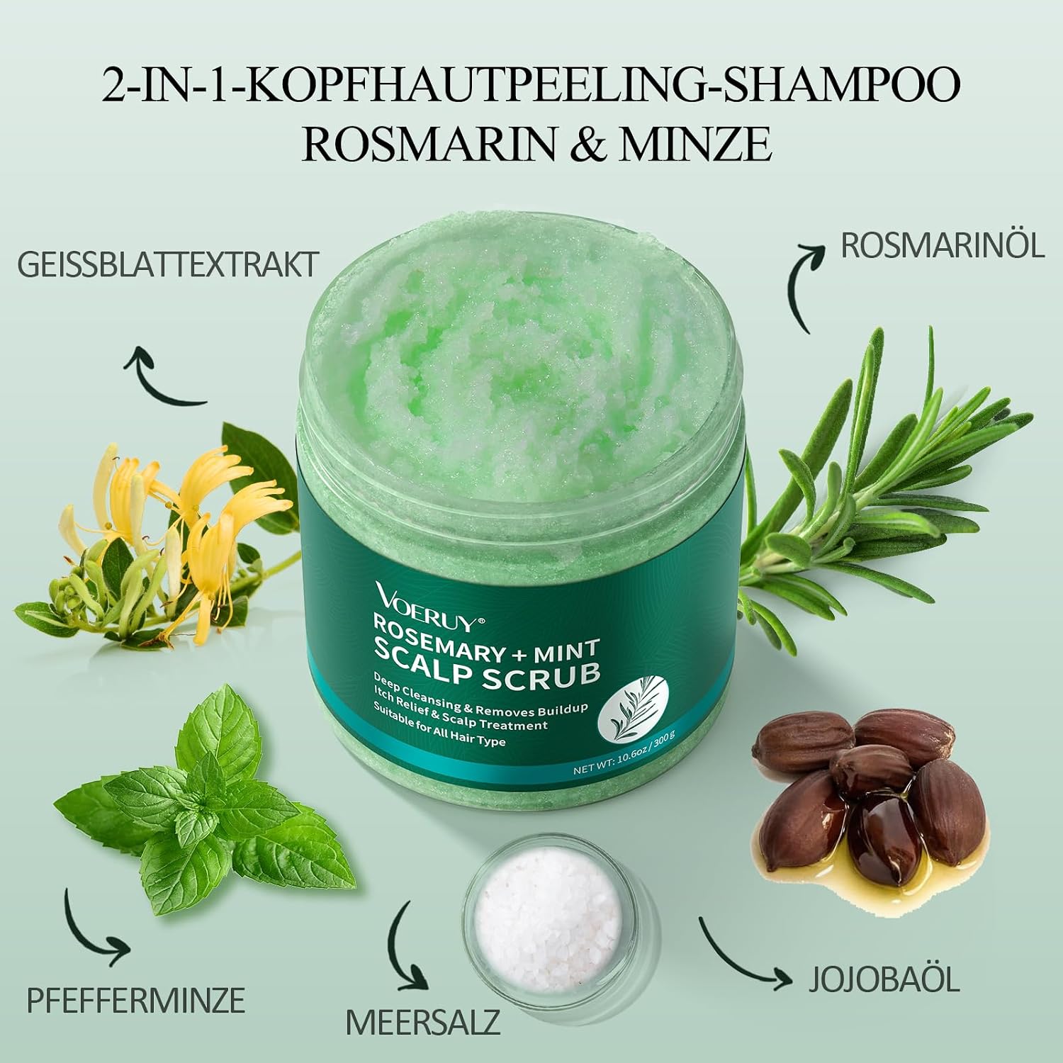 Thumbnail 2 de Kopfhautpeeling Rosmarin 2-in-1 – VOERUY mit Minzöl und Silikon-Massagegerät, 300 g