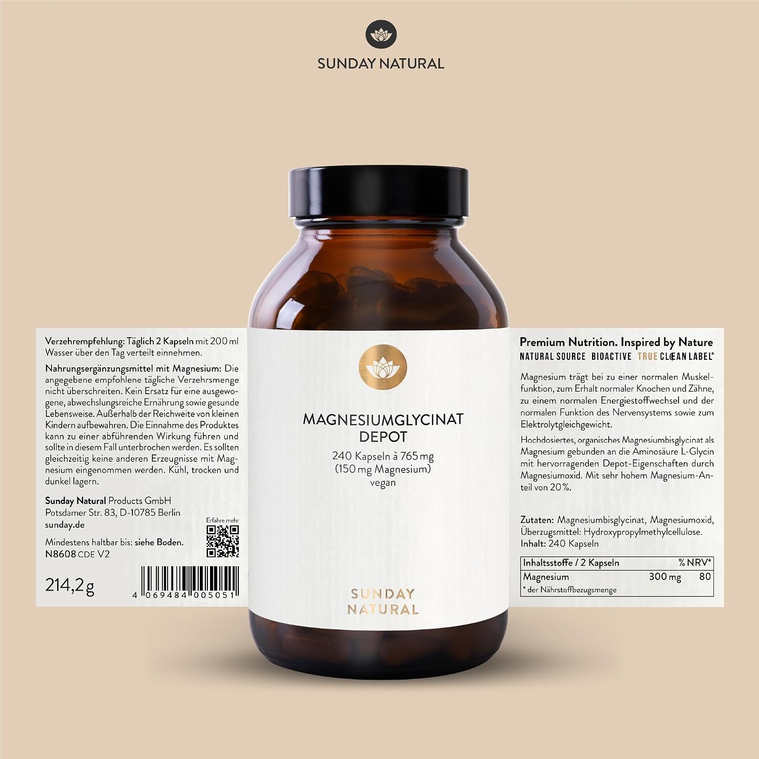 Thumbnail 6 de SUNDAY NATURAL Magnesium Bisglycinat – 240 Kapseln, 300 mg pro Tagesdosis, vegan und laborgeprüft