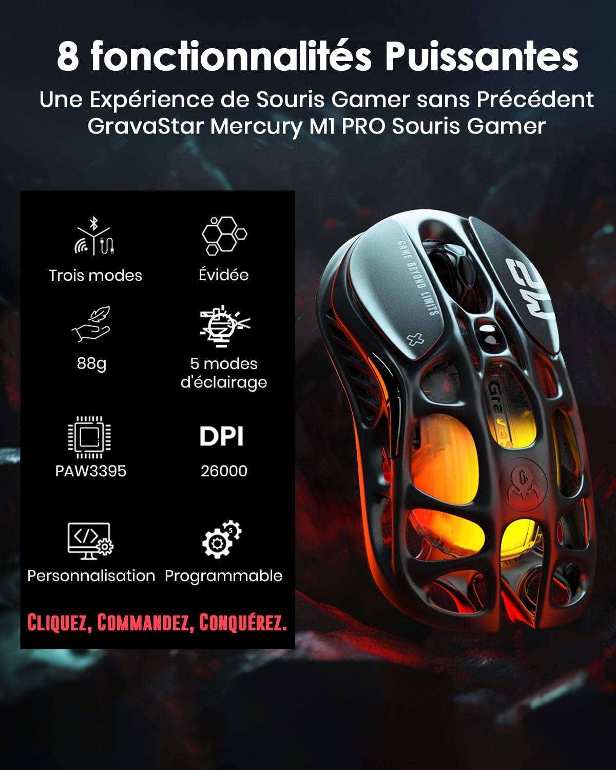 Thumbnail 1 de GravaStar Mercury M2 – Souris MMO filaire/sans fil avec capteur optique 26 000 DPI, 5 boutons programmables et éclairage RVB Dynamic Lightsync