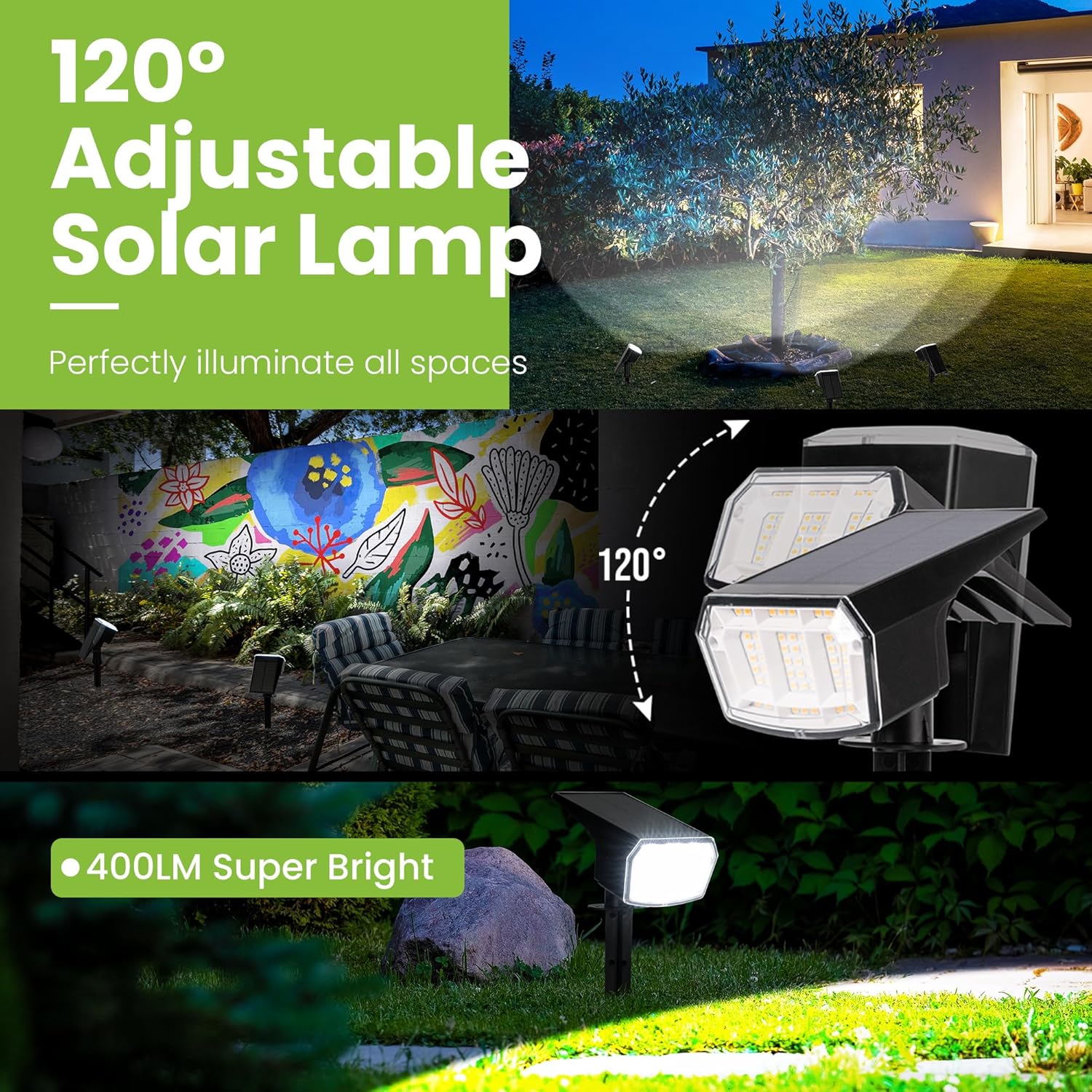 Detalle de PATIOPIA 63-LED Solar Spot Lights for Outdoor Gardens (2 Pack) – IP65 Weatherproof, 3 Modes
