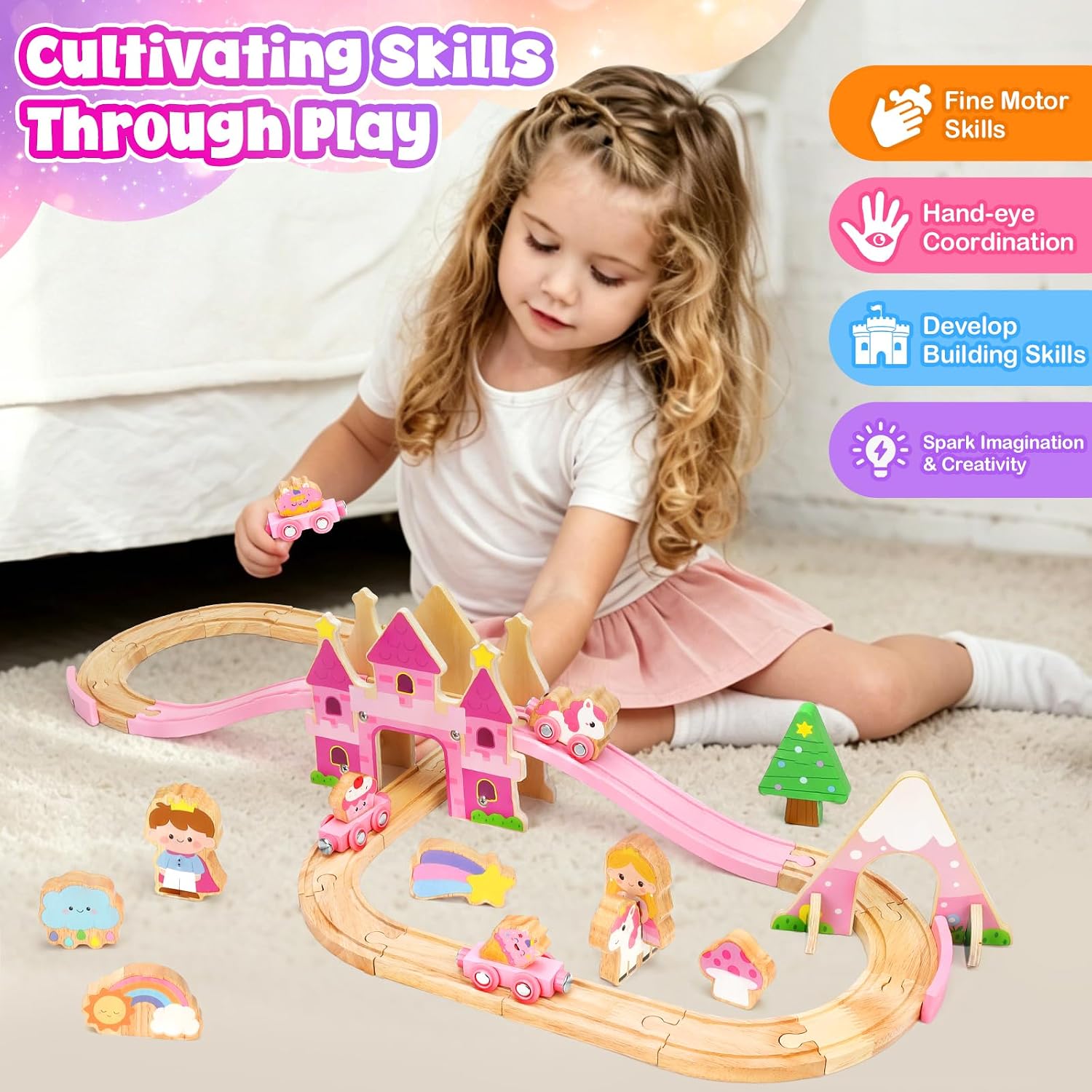 Detalle de Brialice Toddler Toys 40-Piece Wooden Train Set with Castle and Play Mat