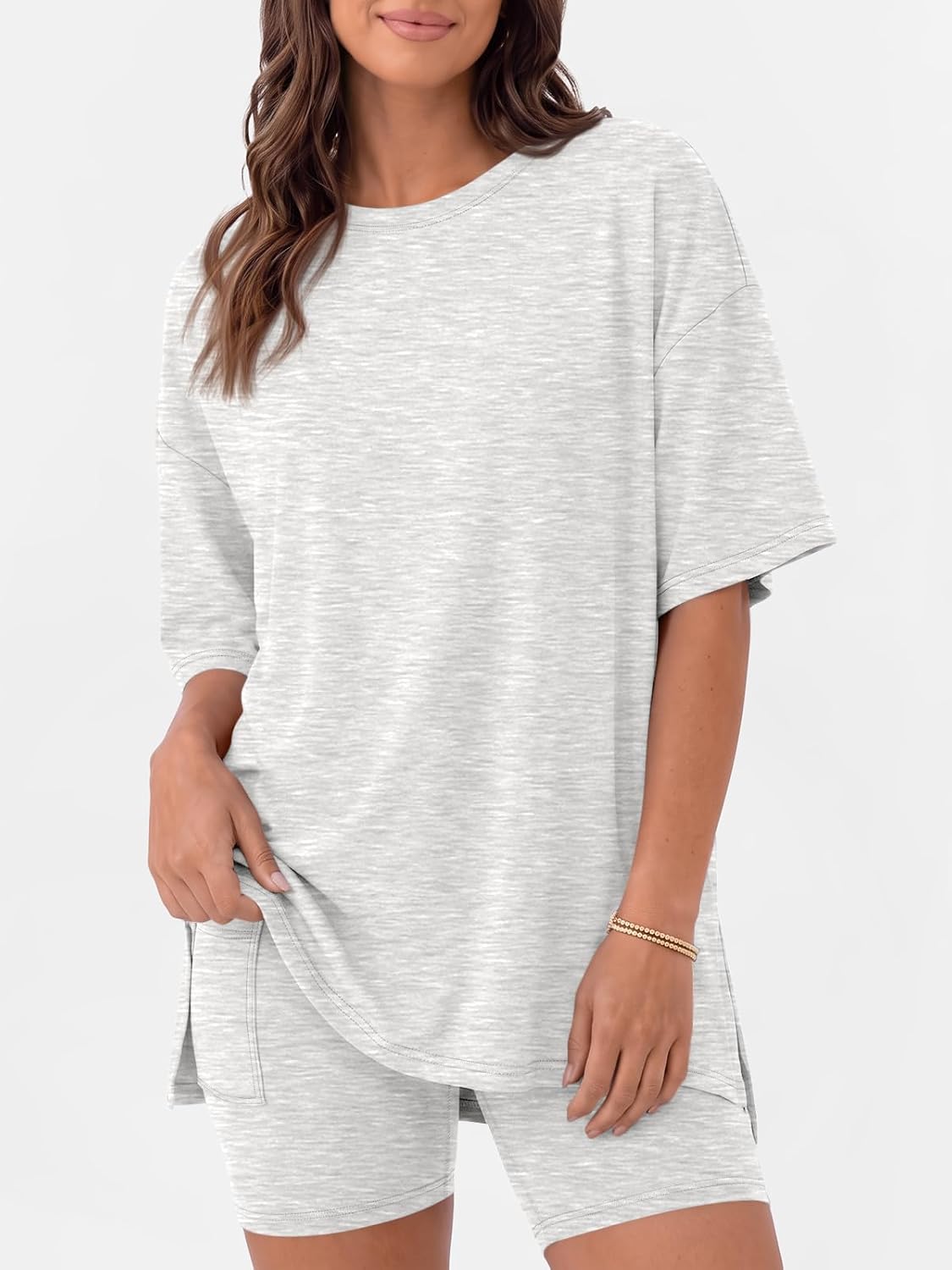 Detalle de LILLUSORY Women’s Lounge Sets: Rayon-Spandex Shorts 2-Piece Pajamas (Relaxed Tee + Biker Shorts)