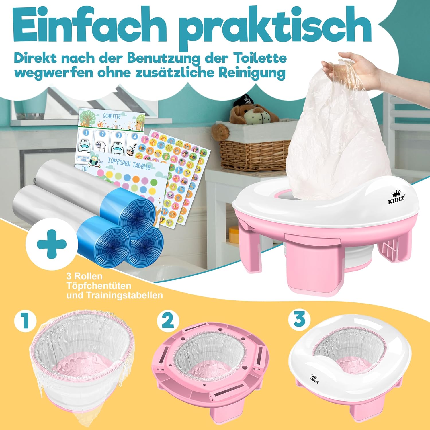 Detalle 2 de KIDIZ® Toilettensitz Kinder Töpfchen: 3-in-1 Lernhilfe für unterwegs mit Abfallsack-Option
