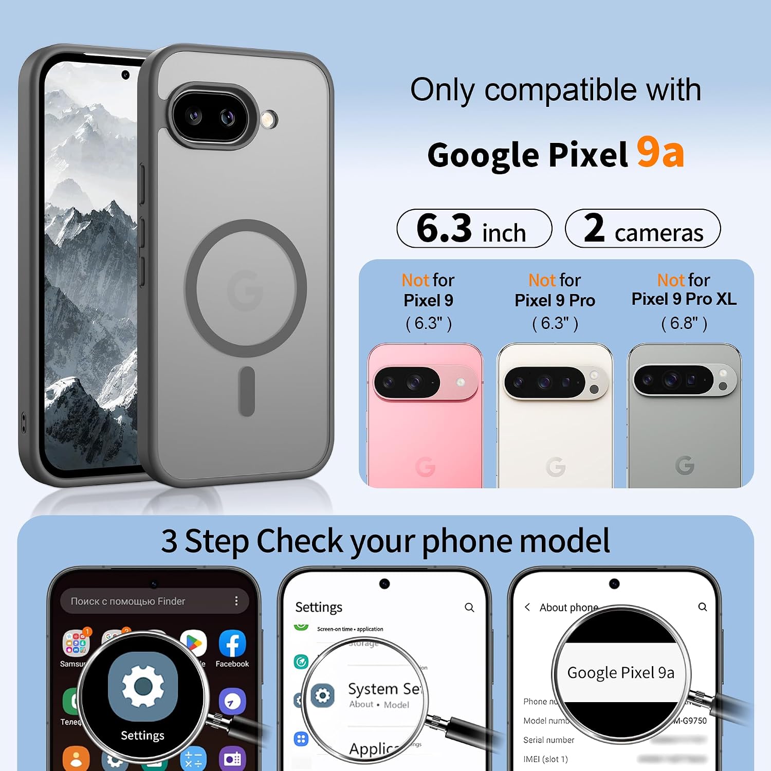 Detalle de Jshru Magnetic Case for Google Pixel 9A – Slim, Durable, MagSafe‑Ready (Gray) with HD Screen Protectors