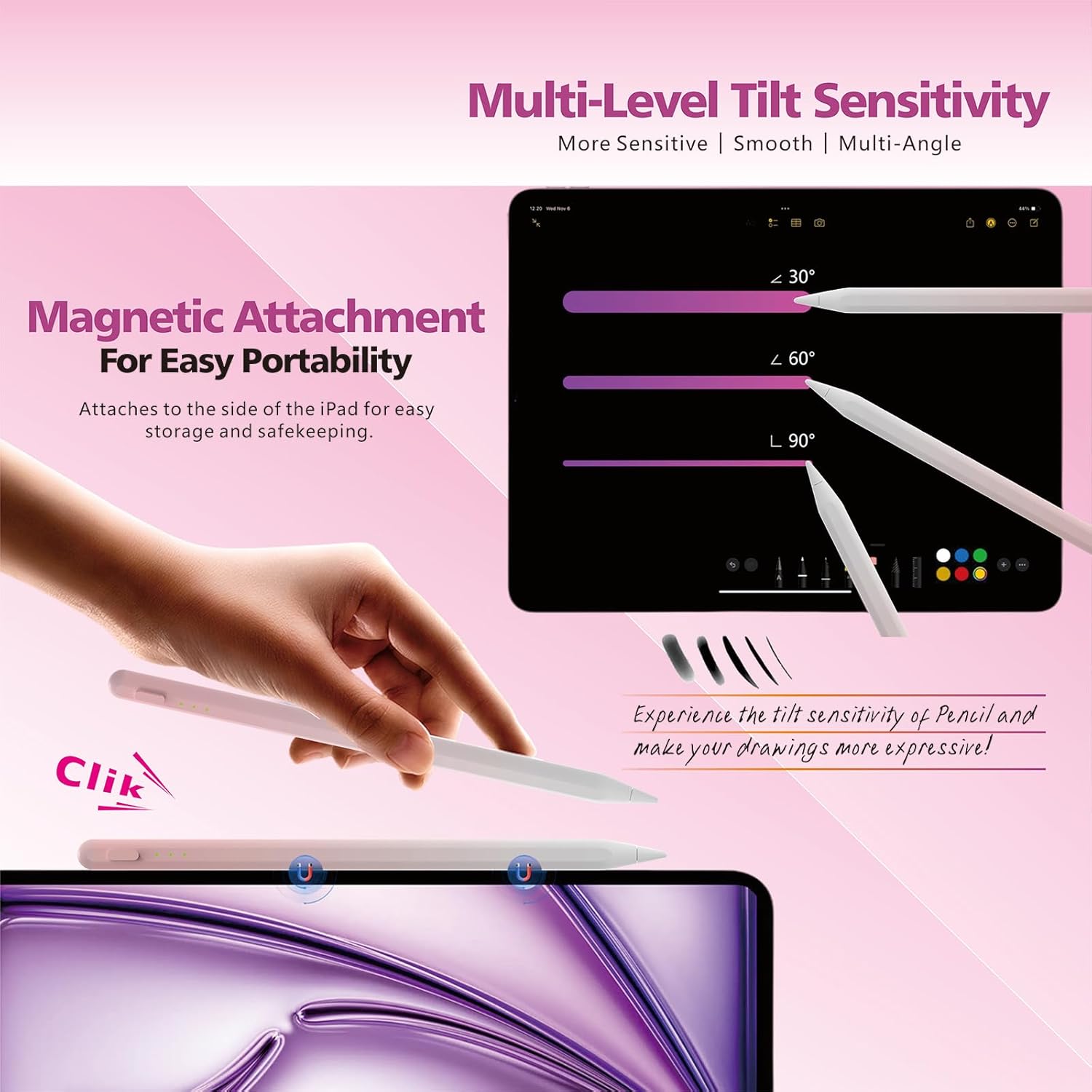 Thumbnail 3 de Milikilo Stylus Pen for iPad with 14‑Minute Fast Charge, Palm Rejection & Tilt Sensitivity (Pink)