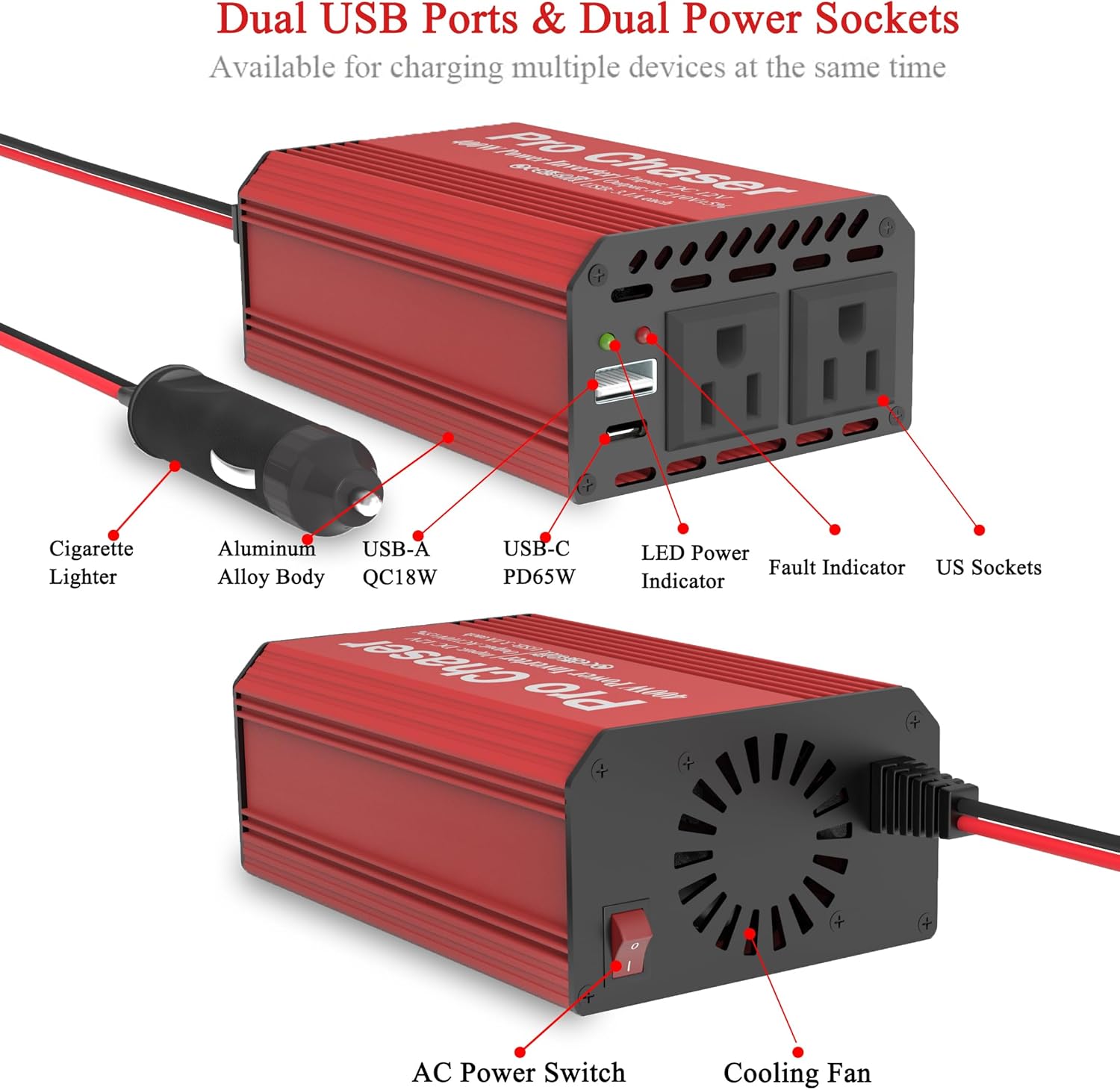 Detalle de Pro Chaser 400W Power Inverter for Vehicles (DC 12V to 110V AC) with USB-C PD 65W + Dual AC Outlets