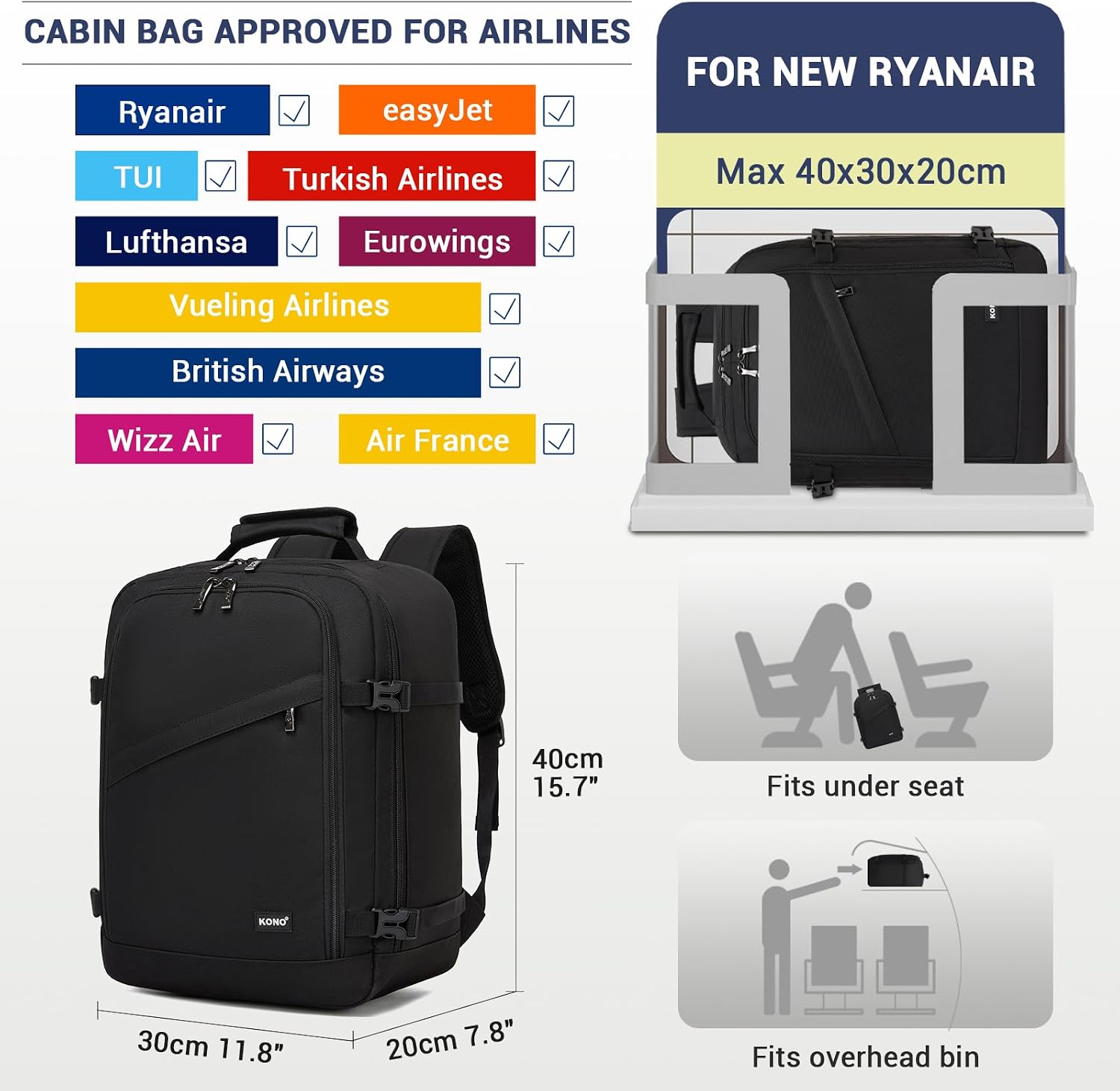 Thumbnail 1 de Kono Ryanair Cabin Bag 40x30x20cm Underseat Travel Backpack (Black)