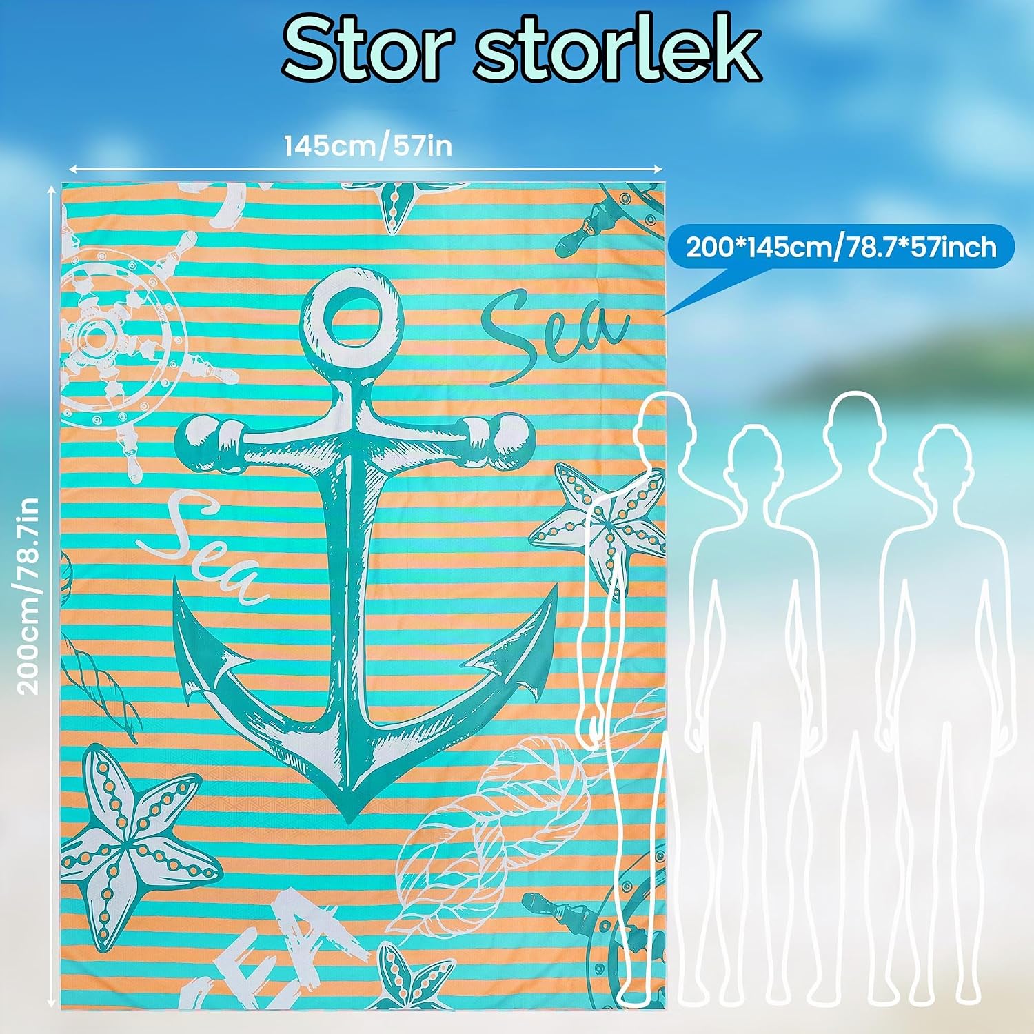 Detalle de KUOGAS strandhandduk i mikrofiber med grönt ankartryck, snabbtorkande och sandavvisande
