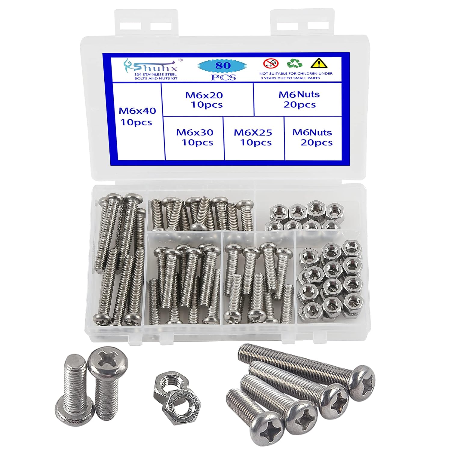 Thumbnail 6 de Rshuhx 80 pezzi Viti e Dadi in Acciaio Inox 304 M6 con Testa a Croce e Testa Svasata – Kit Assemblaggio Ideale per Riparazioni