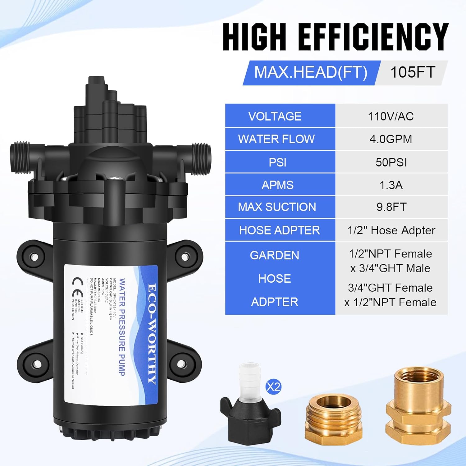 Thumbnail 1 de ECO-WORTHY 33-Series Industrial Diaphragm Water Pressure Pump (110V AC, 4.0GPM, 50PSI) for RV, Marine & Irrigation