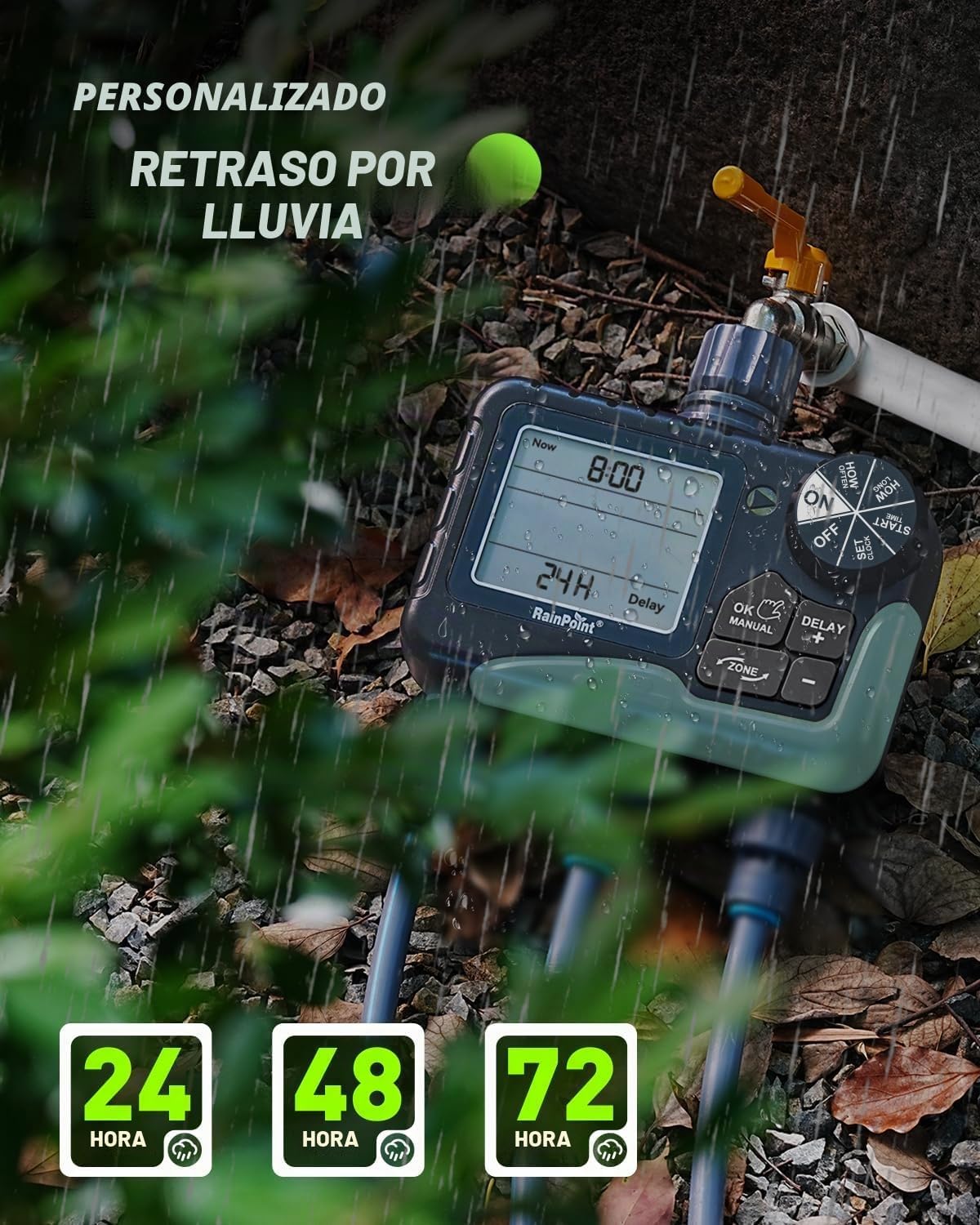 Detalle de RAINPOINT Programador de riego con 3 salidas y pantalla LCD grande (temporizador automático con retardo por lluvia)