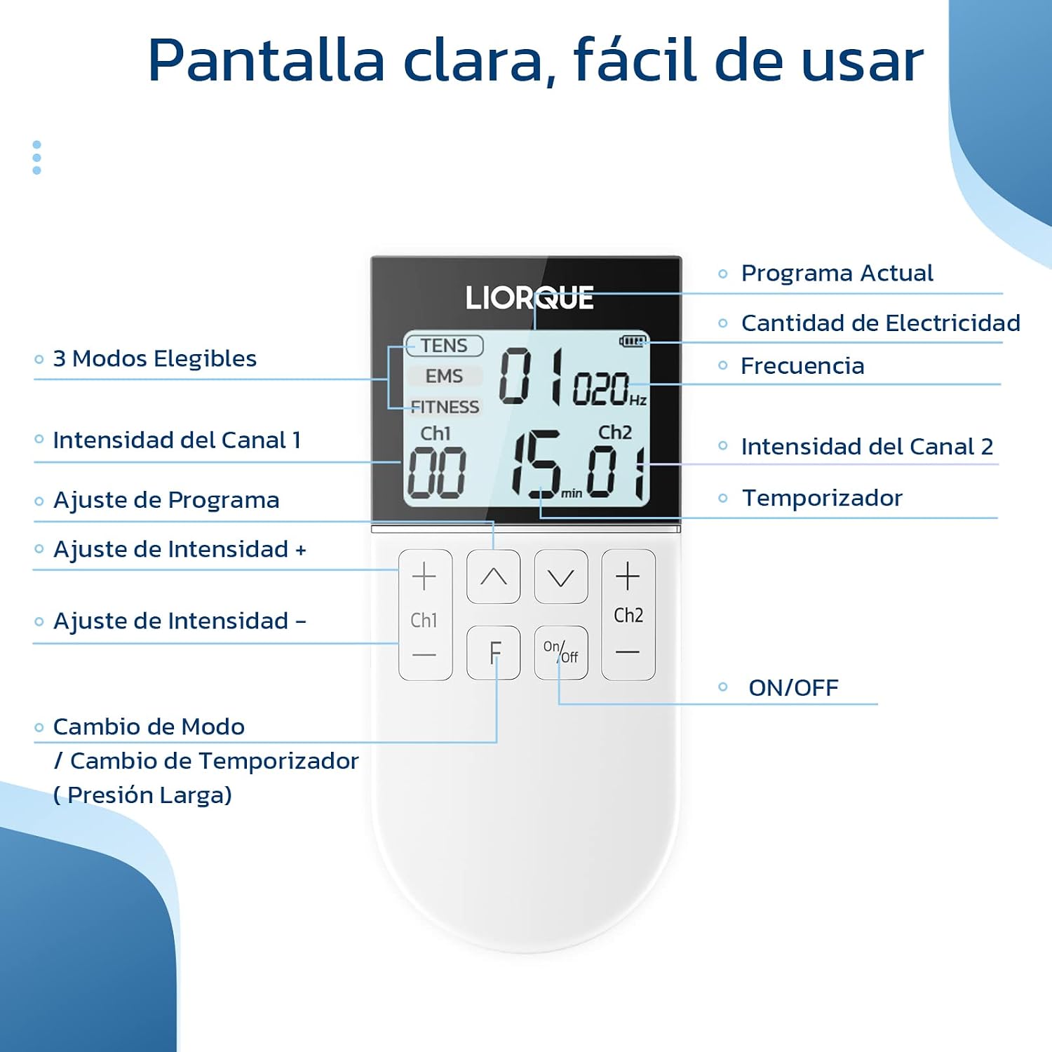 Detalle de LIORQUE Electroestimulador 50 modos 16 niveles