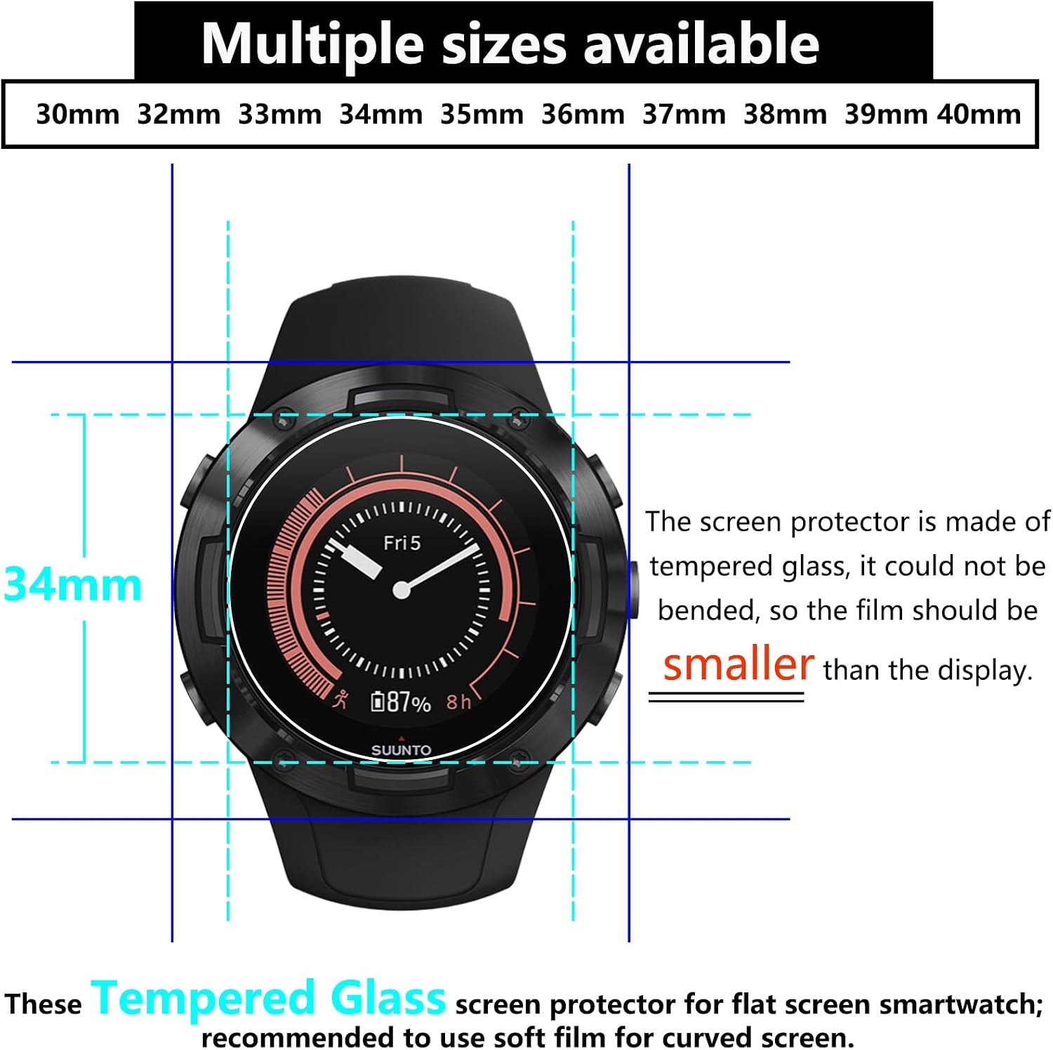 Detalle de Lusee 3 Pack 34mm Round Tempered Glass Screen Protector for Flat Smartwatches