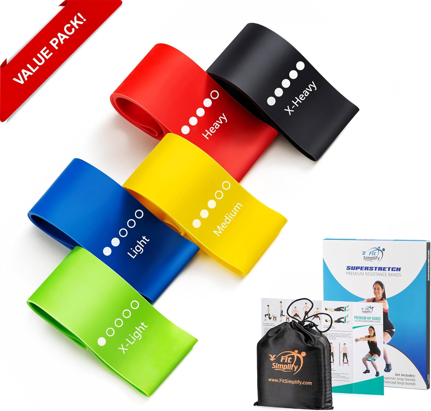 Detalle de Fit Simplify Resistance Loop Exercise Bands (Set of 5) with Carry Bag and Instruction Guide