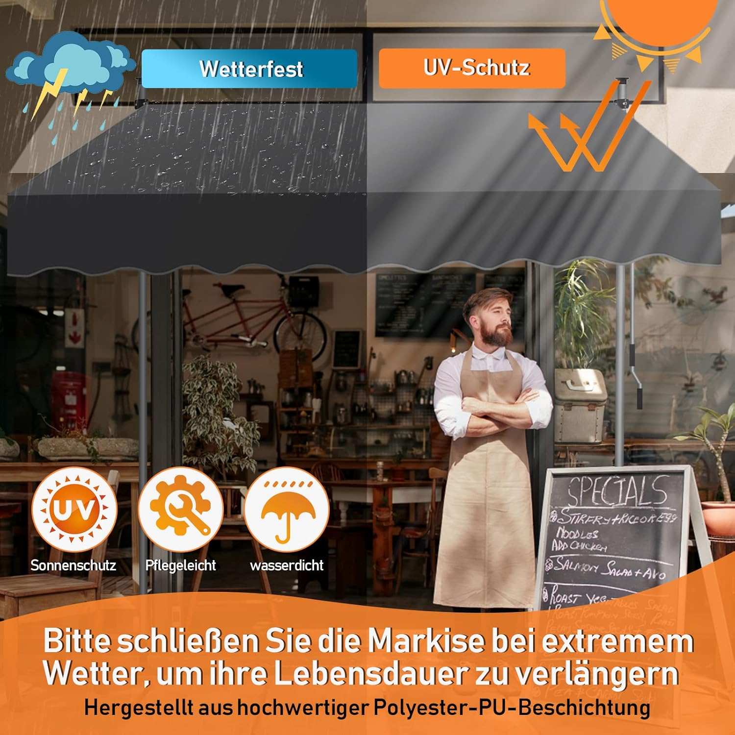 Thumbnail 4 de ISOISL Klemmmarkise 400 cm breit mit Handkurbel – höhenverstellbar, UV-beständig (Grau)