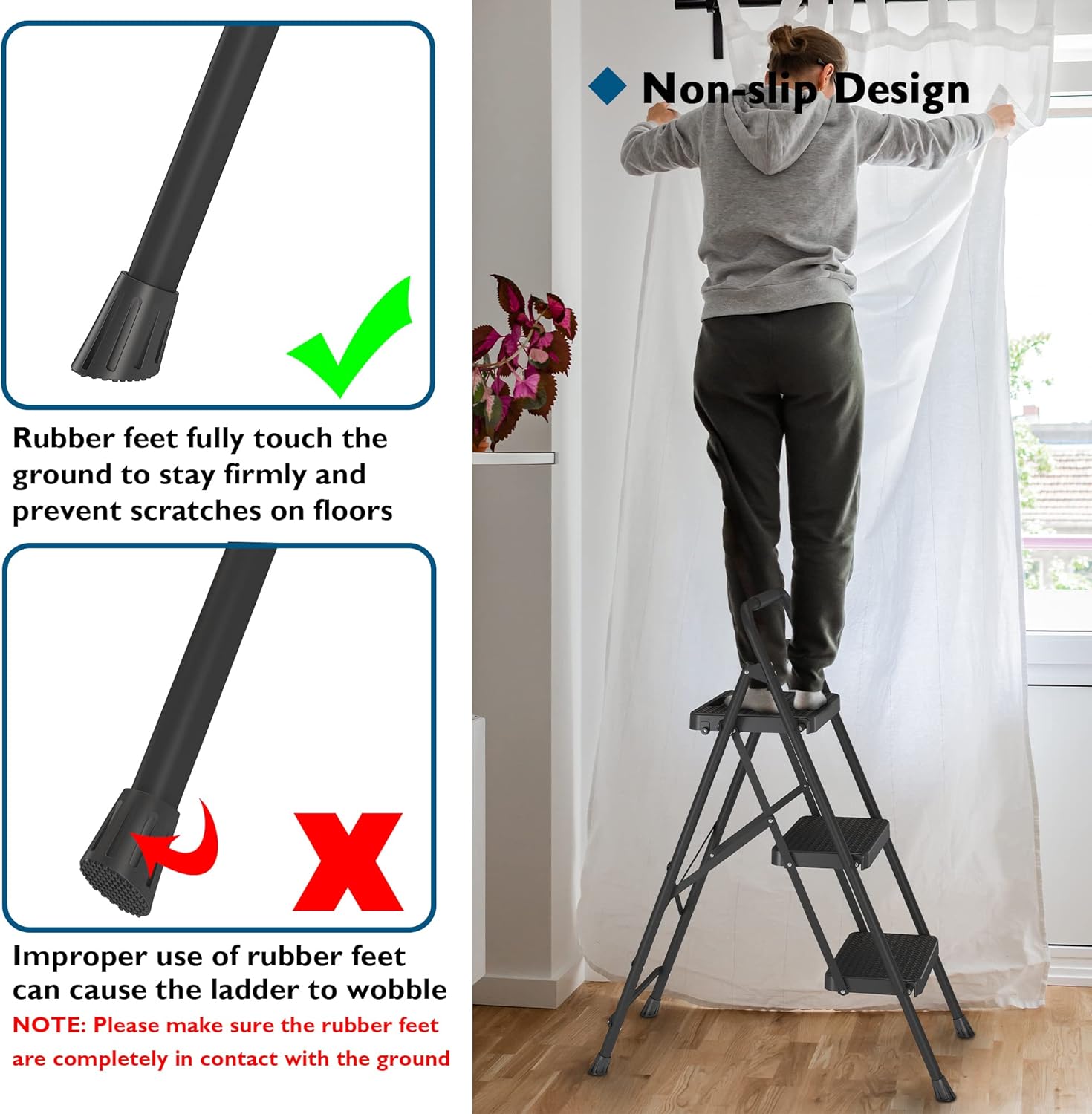 Thumbnail 1 de BONTEC Trittleiter 3 Stufen klappbar (bis 150 kg) – kompakter Tritthocker mit rutschfesten Anti-Rutsch-Pedalen, Schwarz