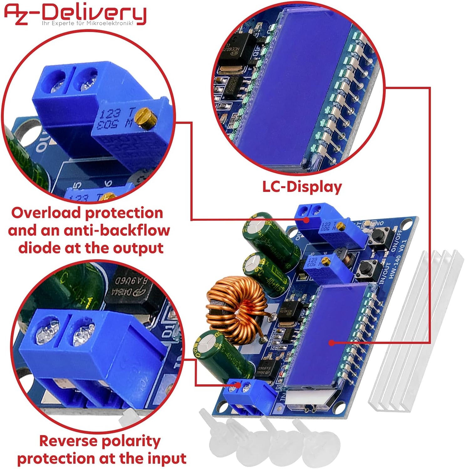 Thumbnail 3 de AZDelivery HW-140 Buck Boost DC-DC avec afficheur LCD (ampèremètre) 3A, 5,5V–30V → 0,5V–30V, pour Arduino