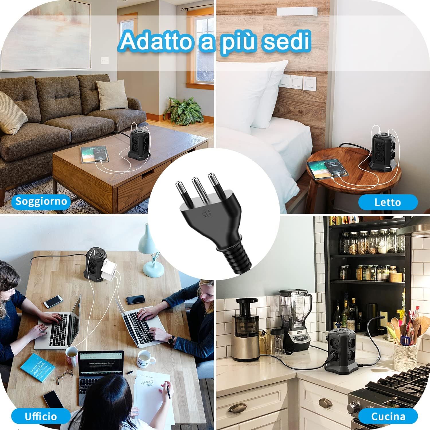 Thumbnail 6 de TOPREK Multipresa Verticale con 8 prese universali ITA/Schuko e 4 USB (2 USB-C e 2 USB-A) 4000W/16A, nera