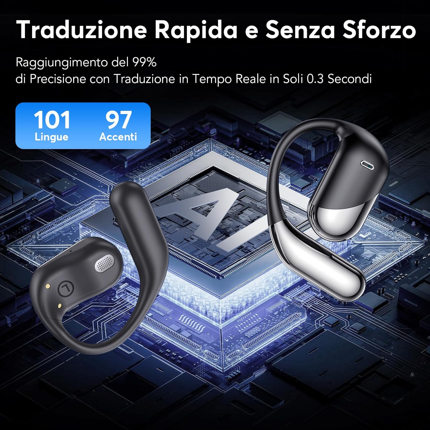 Detalle 2 de Paekole AI Cuffie Traduzione Simultanea 2026: Auricolari Bluetooth 6.1 4-in-1 con 198 Lingue, Open-Ear, 80 Ore di Riproduzione