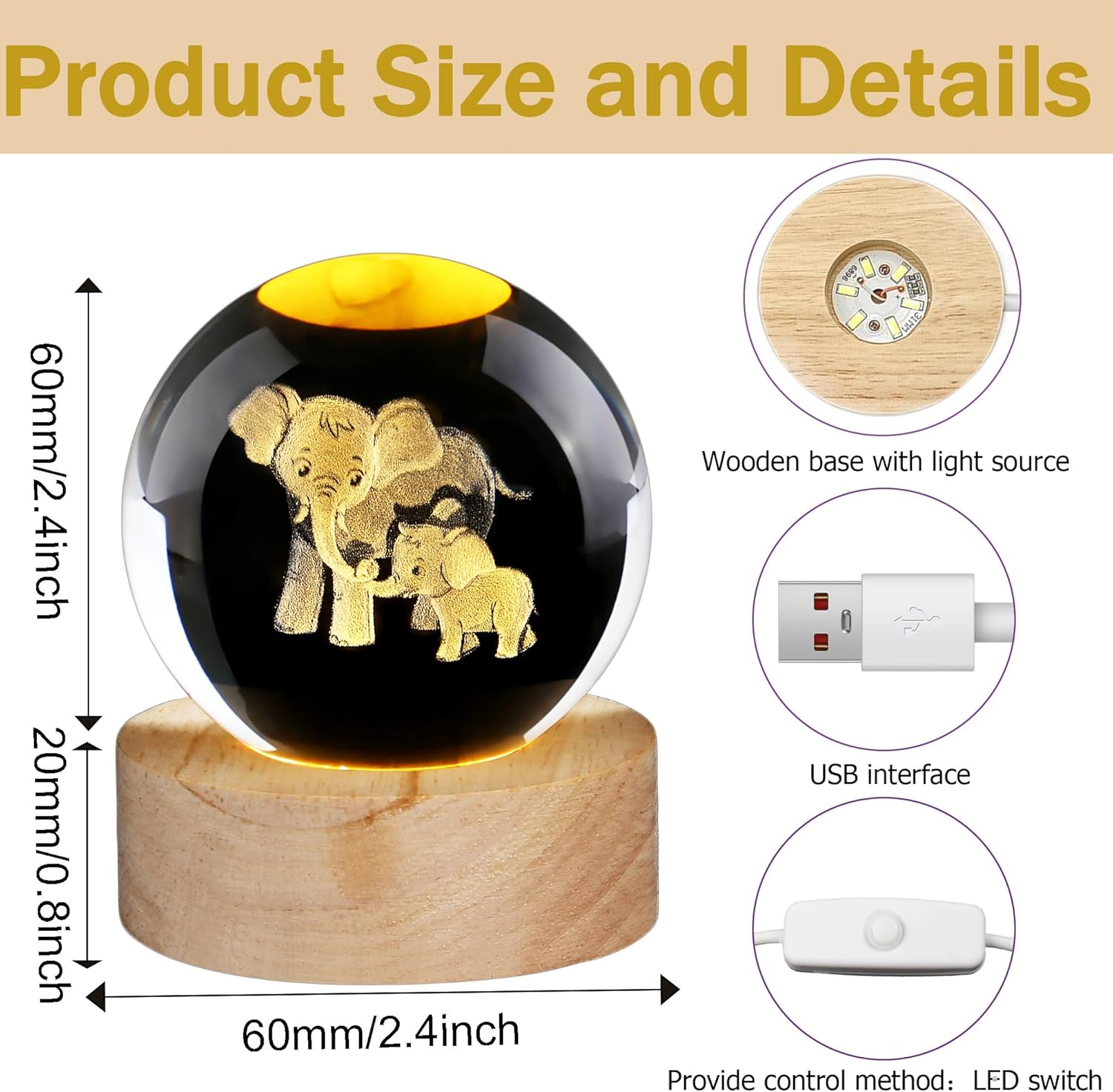 Detalle 2 de AWARDSEN Elephant Crystal Ball with Luminous Base: Gentle Night Light and Thoughtful Gift